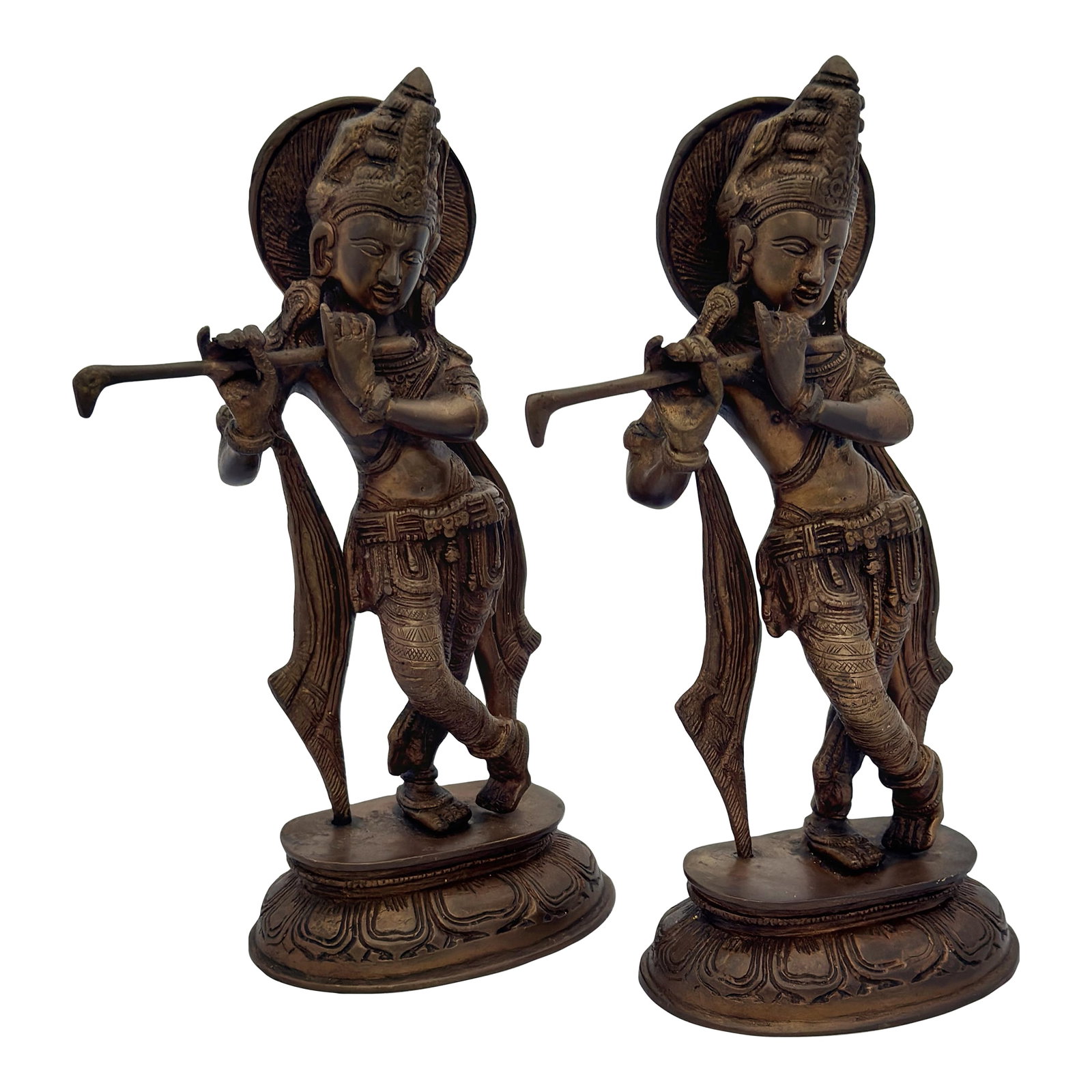 Pair of Vintage Brass Standing Figures of a Krishna, India: Pair of brass standing figure of a Krishna playing musical instrument. Overall nicely aged original color patina. India, 1960-1970. Condition: Alterations: Original Condition Unaltered Imperfections: