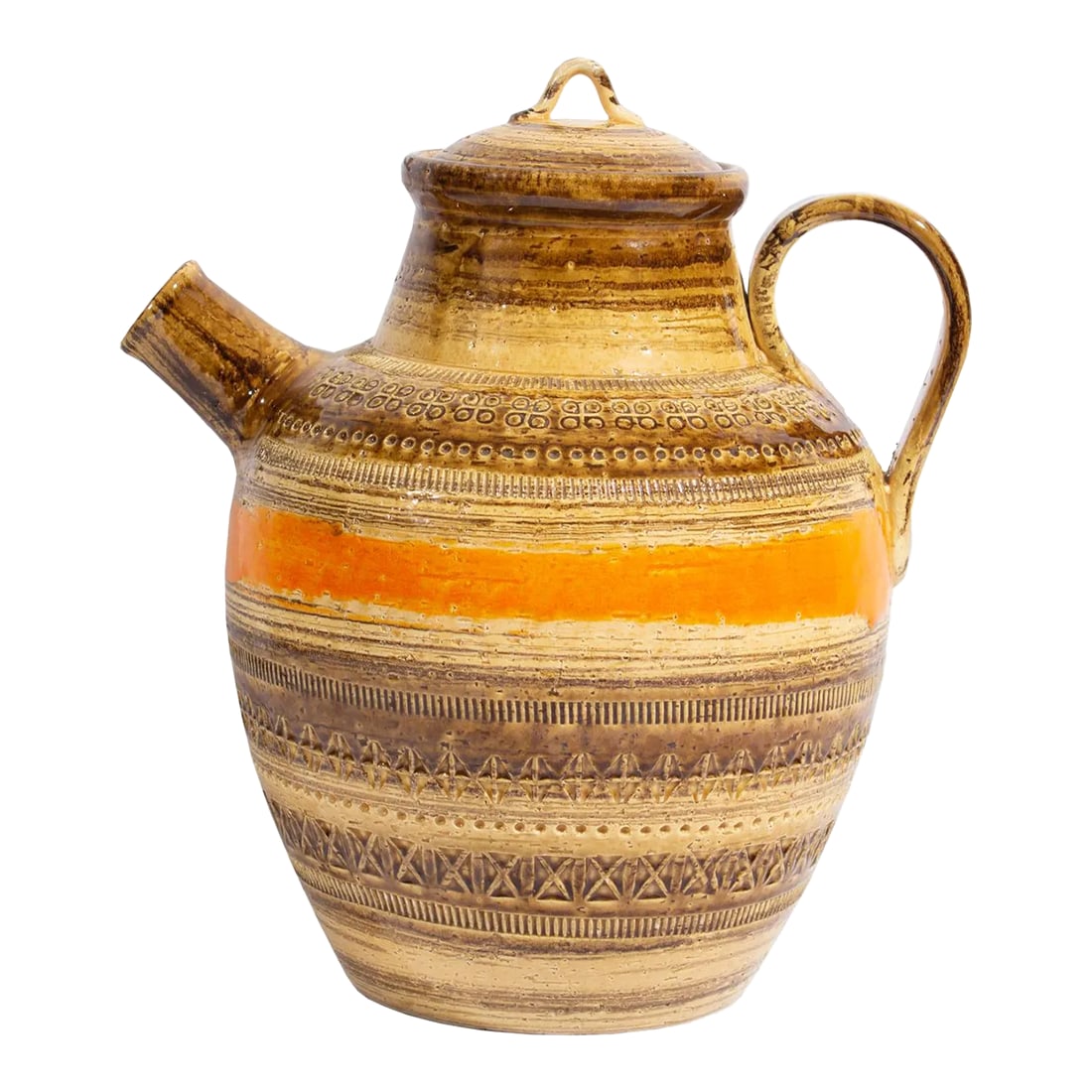 Bitossi Italian Rimini Sahara Ceramic Jug: A ceramic jug produced by Bitossi. Made in Italy, the jug is in the Rimini Sahara pattern and features brown, tan, and orange stripes with impressed bands of geometric shapes. The jug is unmarked. Con