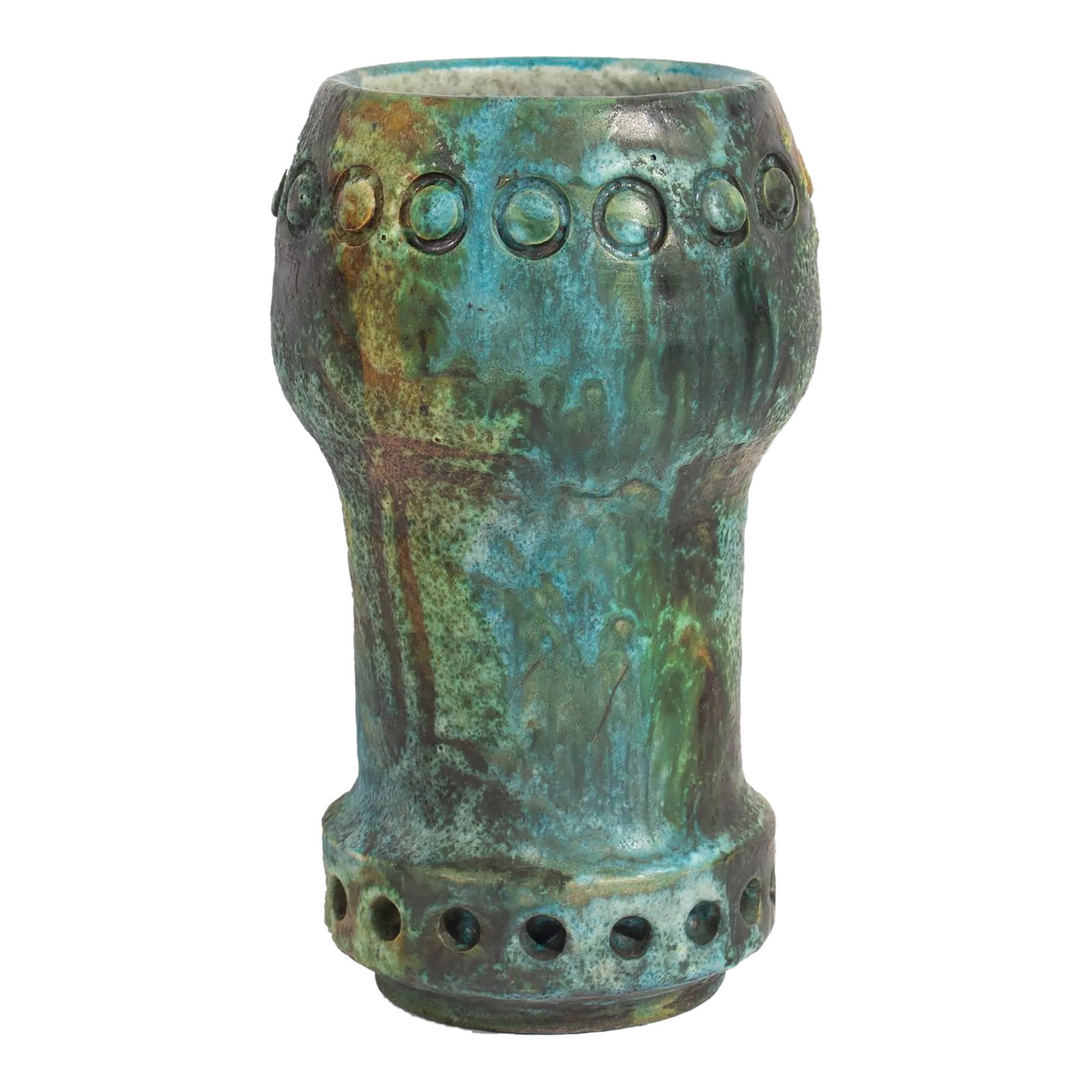 Alvino Bagni Italian Sea Garden Ceramic Vase: A "Sea Garden" ceramic vase designed by Alvino Bagni (1919-2009). Made in Italy, the vase has a mottled green, blue, and brown glaze with impressed circle designs ringing the upper and lower portion