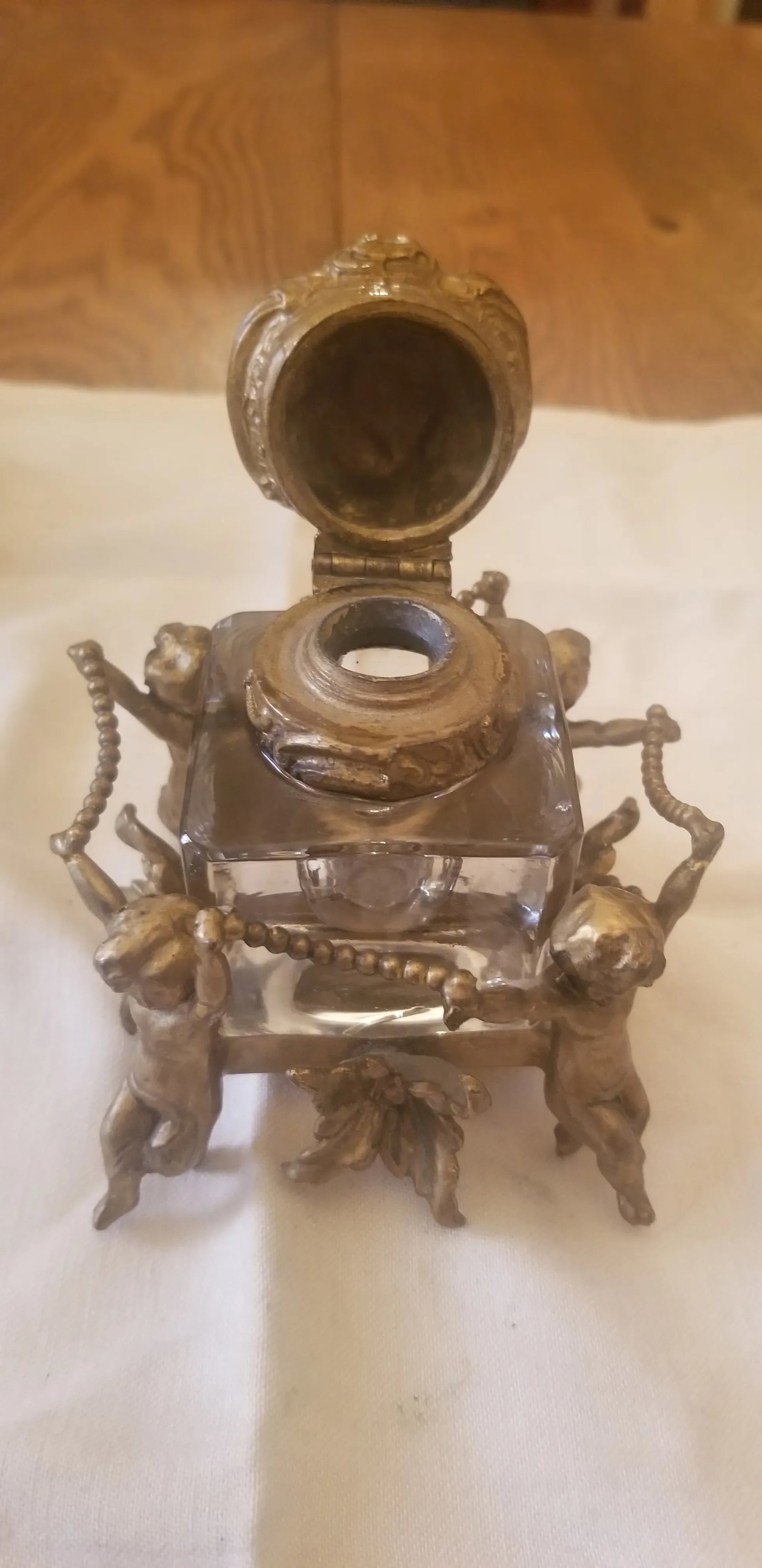 Antique Victorian Brass Inkwell Set of 3 Pieces - 8