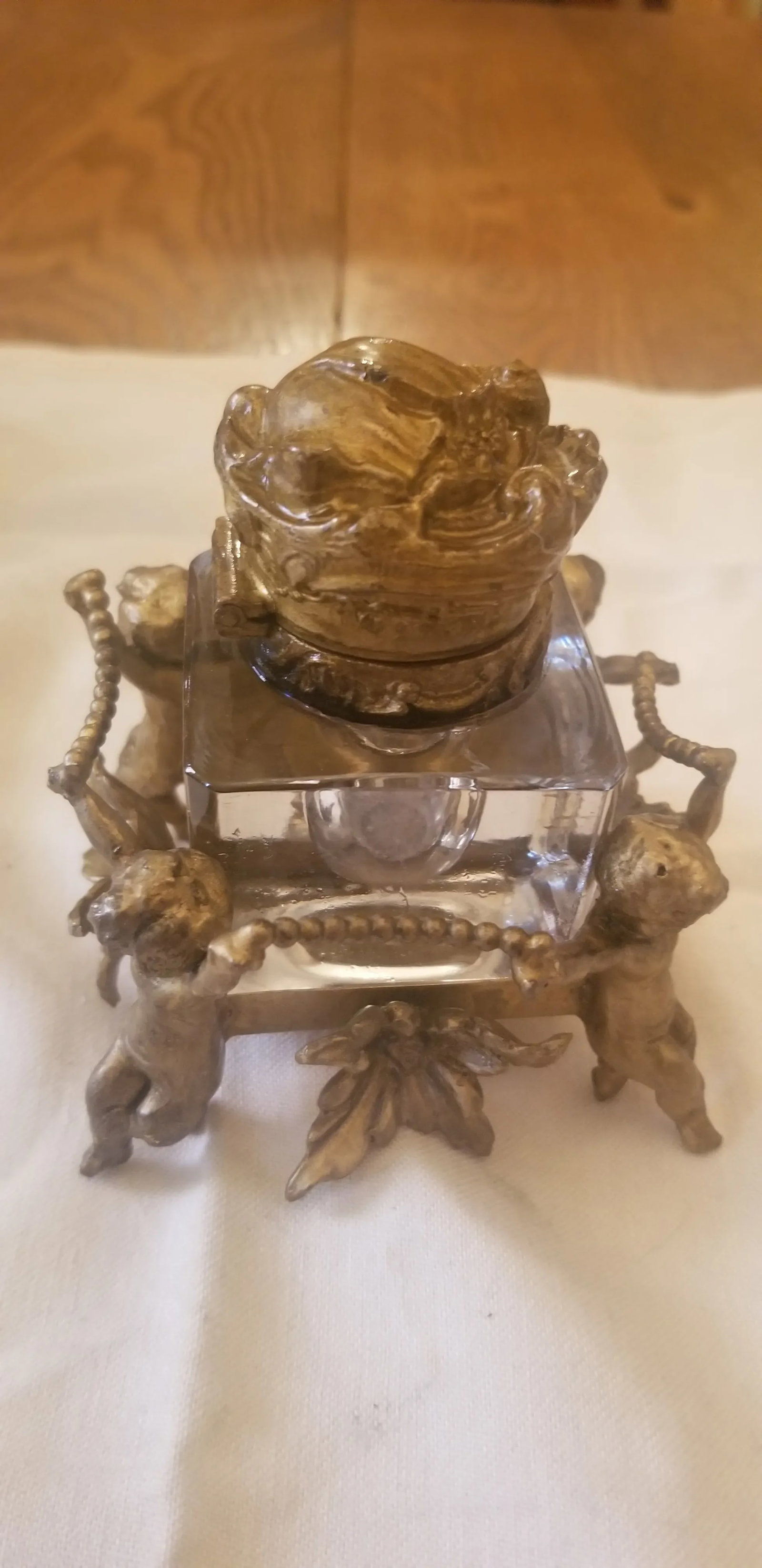 Antique Victorian Brass Inkwell Set of 3 Pieces - 9