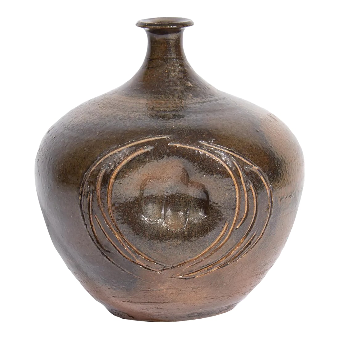Larry Wasserman Signed Studio Pottery Vase: A studio pottery vase by the American ceramic artist Larry Wasserman. Signed to the underside, the vase has a slender neck and a dark brown glaze. An incised circular design is present to the front