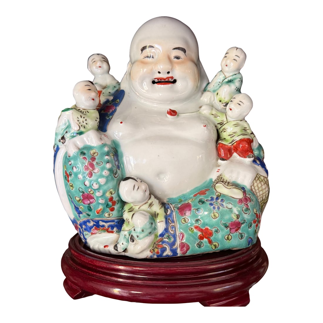 Early 20th Century Chinese Porcelain Laughing Buddha With 5 Children: Chinese Porcelain Laughing Buddha with 5 Children Included wood base Condition: Alterations: Original Condition Unaltered Imperfections: Some Imperfections Condition Notes: Great condition Origin: