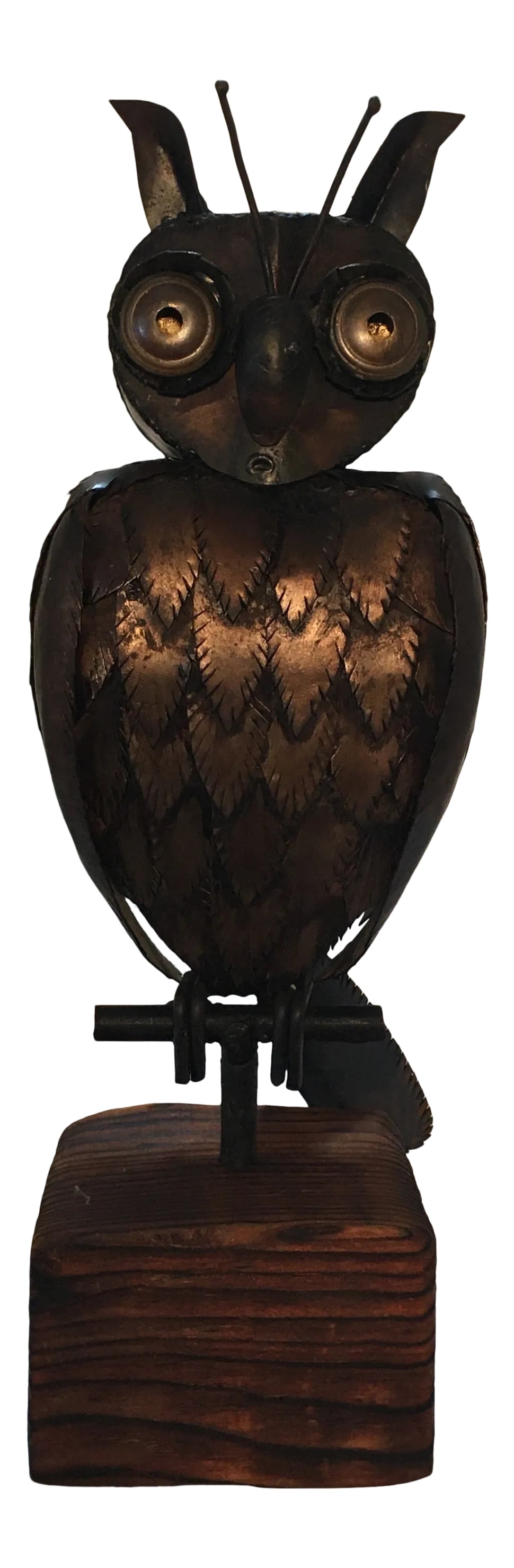 1960s Brutalist Goolgly Eyed Owl Sculpture: Great example of the mid-century design of Brutalism Art. All hand made and torch cut with a wooden base that measures 2.75" tall by 4" wide. The owl is 11" tall by 5" deep (including the tail). Great