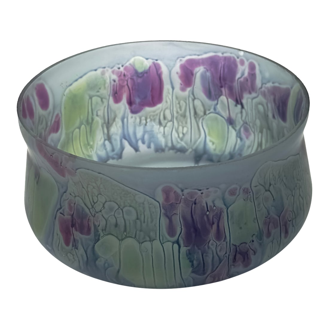 Exquisite Frosted Artisan Glass Presentation Bowl: Frosted bowl This is an exquisite glass presentation bowl in a muted teal color with a multi-color hand-painted drip design. Height: 4.25" Width: 7" Condition: Alterations: Original Condition
