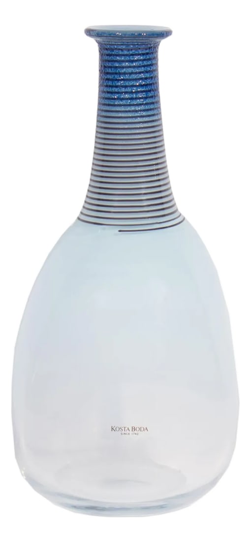 Bertil Vallien Kosta Boda "Spirit" 40133 Glass Vase: A glass "Spirit" vase designed by the Swedish glass artist and designer Bertil Vallie (born 1938) for Kosta Boda. This vase has a narrow blue neck with black swirl accent and a white and light blue