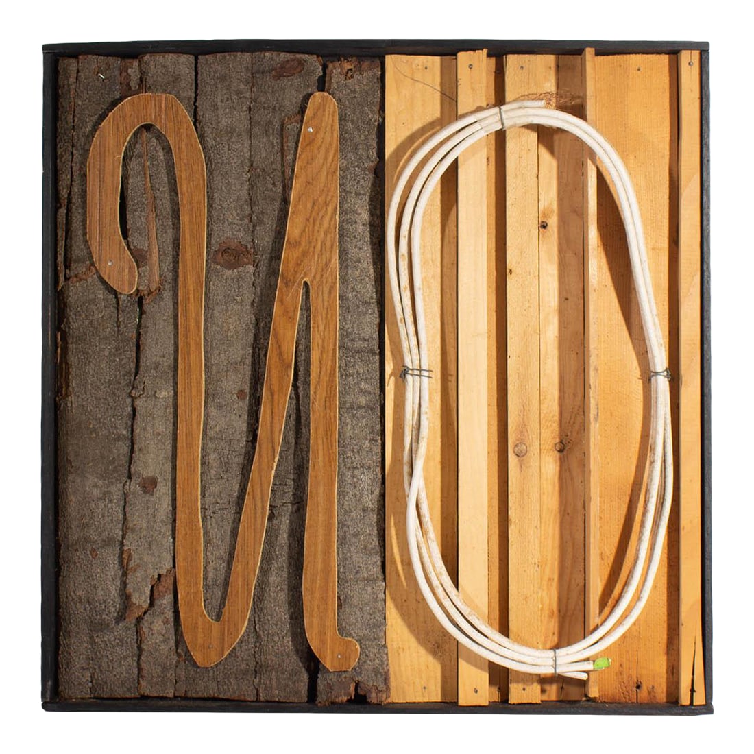 "The Answer #22" Found Object Assemblage by James Spencer Russell: A found object assemblage by the American artist James Spencer Russell (1915-2000). Titled The Answer #22, this work uses different types of wood and electrical wire to form the word "NO." Signed and