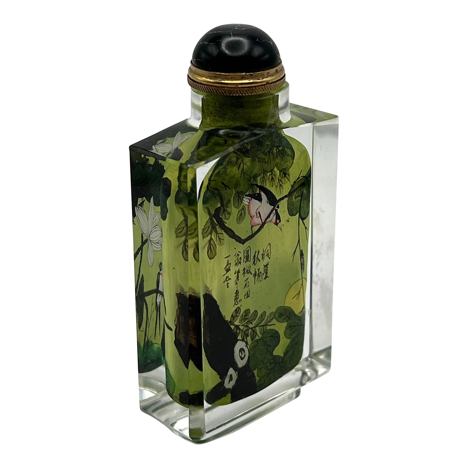 Vintage Inside Painted Crystal Bottle Dated 1955: This inside painted snuff bottle is made of a fine crystal glass. Its flattened rectangular shape provides fine spaces for the inside painting - designs of a swallow and lotus leaves on one side, and