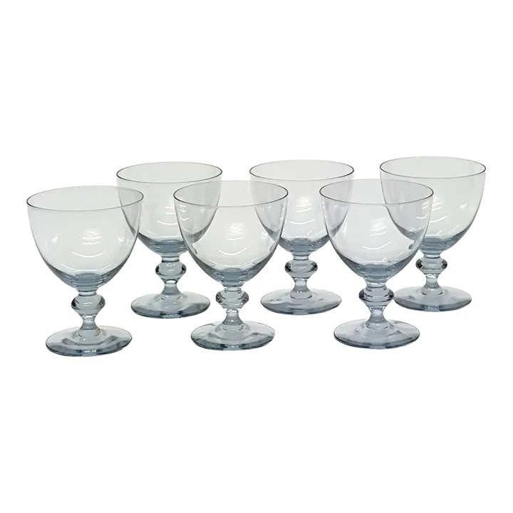 Cool Silver Grey Bernadette Wine Glasses by Kosta Boda - Set of 6: Grey goblet glasses, set of 6. A delicate set of light dove-grey wine glasses with a diamond stem detail by Kosta Boda. Height: 4.25" Width: 3.25" Condition: Alterations: Original Condition Unaltered
