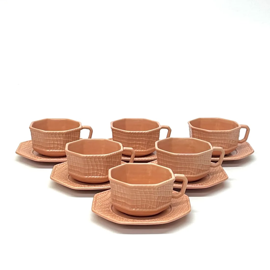 Immaculate Blush Colored Tea Cups & Saucers by Bordallo Pinheiro Portugal - Set of 6 - 2