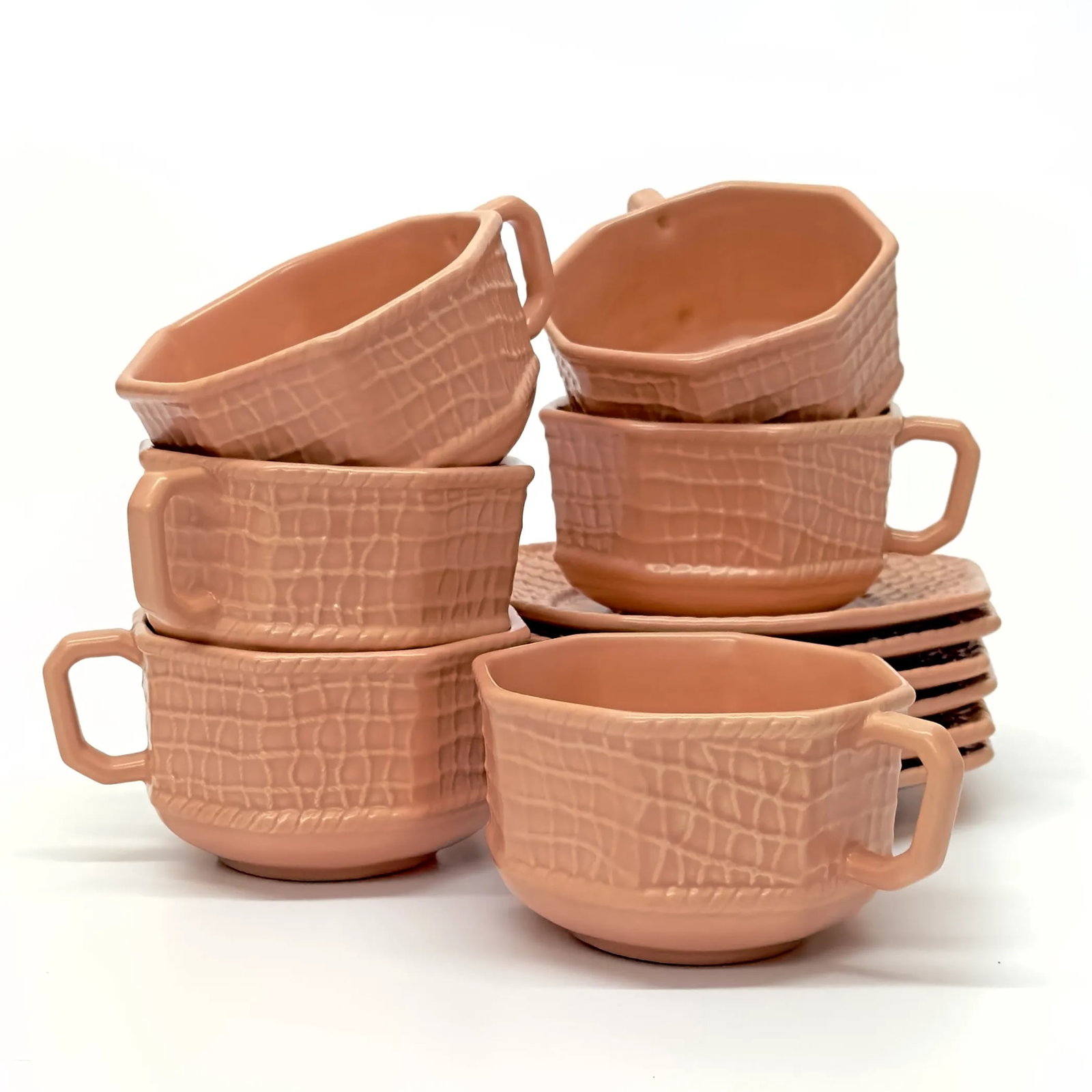 Immaculate Blush Colored Tea Cups & Saucers by Bordallo Pinheiro Portugal - Set of 6 - 5