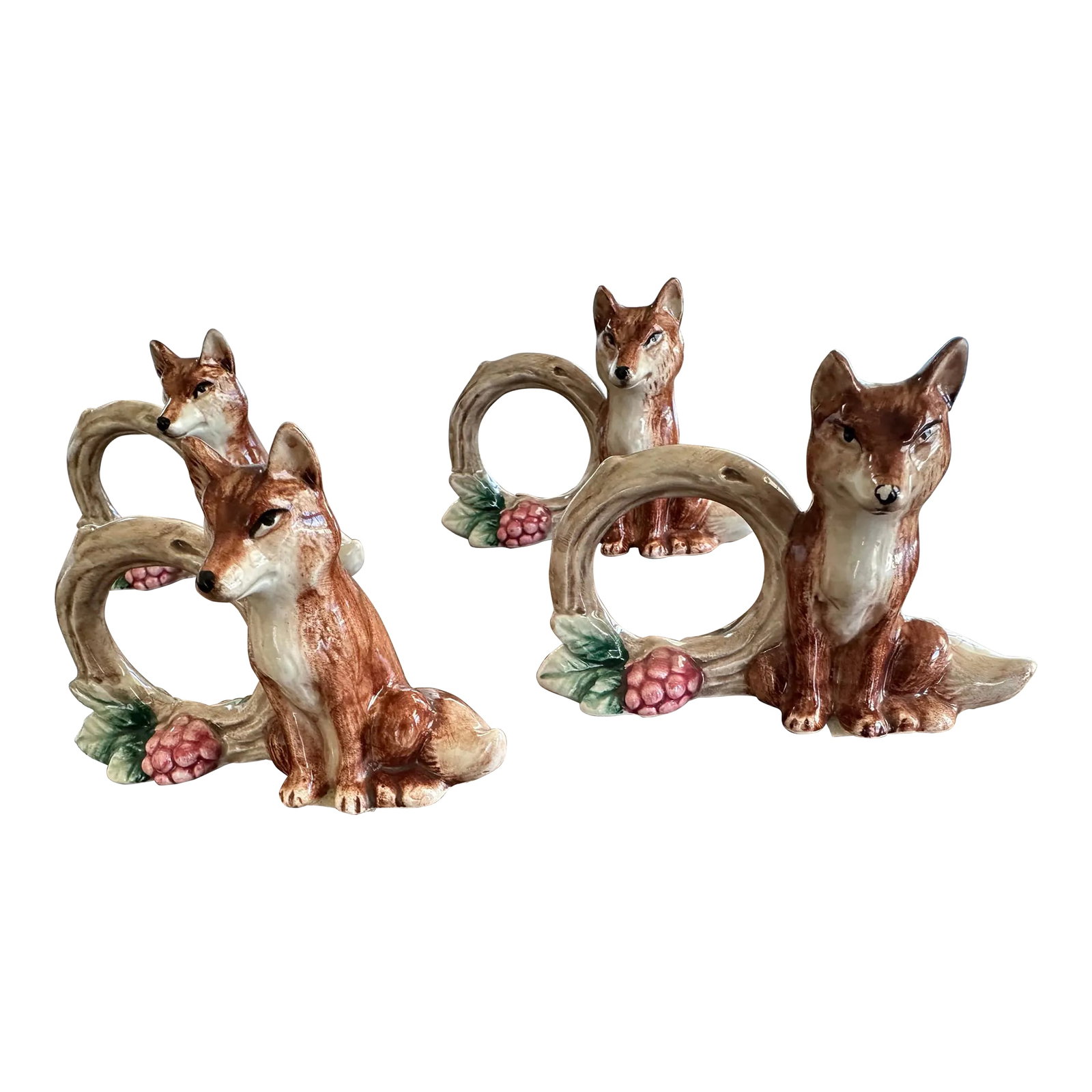 1990's Fitz & Floyd Reynard the Fox With Log Woodland Floral Ceramic Napkin Rings - Set of 4: 1990's Fitz & Floyd Reynard The Fox with Log Woodland Floral Ceramic Napkin Rings - Set of 4 Napkin shown for demonstration purposes only and not included in purchase. Add a touch of whimsy to your