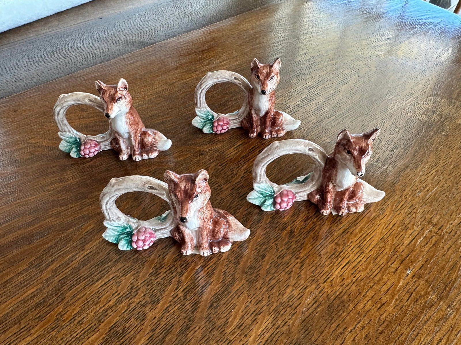 1990's Fitz & Floyd Reynard the Fox With Log Woodland Floral Ceramic Napkin Rings - Set of 4 - 2