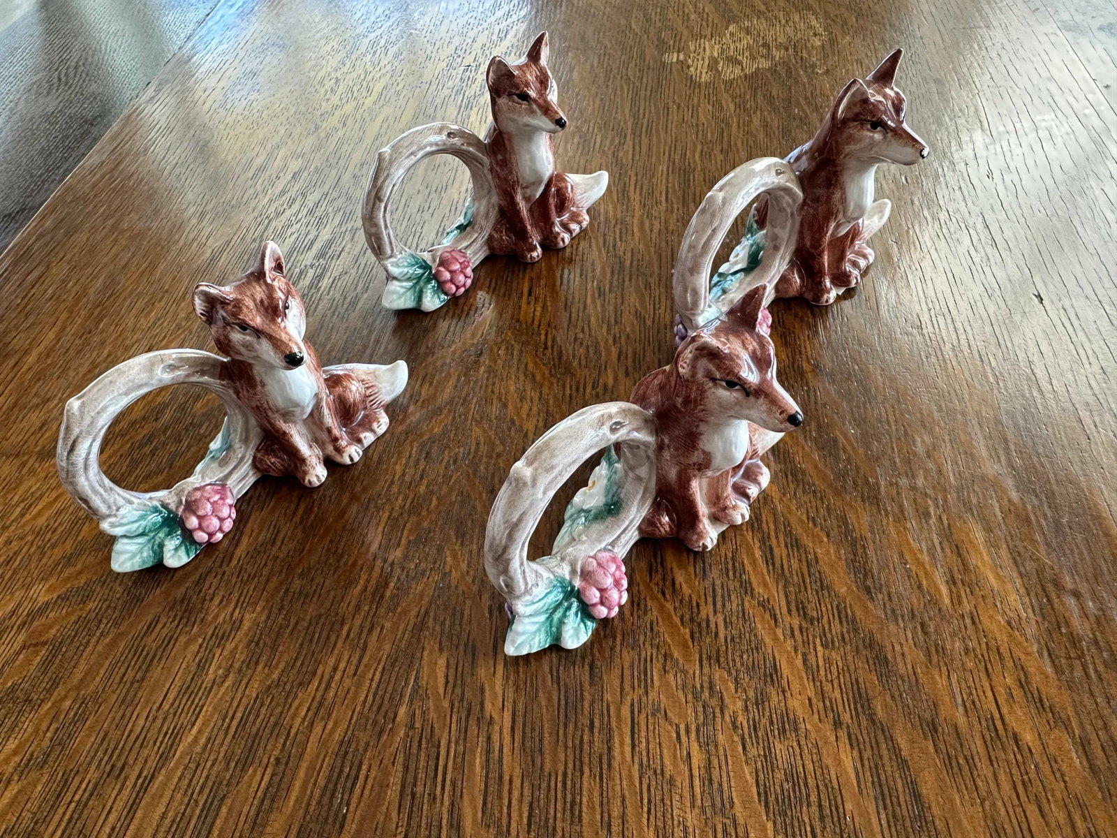 1990's Fitz & Floyd Reynard the Fox With Log Woodland Floral Ceramic Napkin Rings - Set of 4 - 3