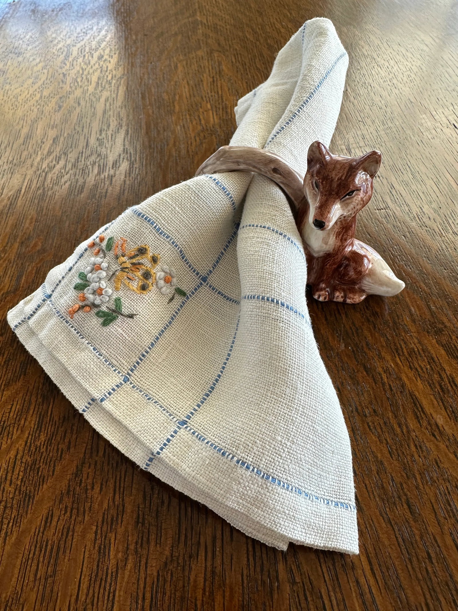 1990's Fitz & Floyd Reynard the Fox With Log Woodland Floral Ceramic Napkin Rings - Set of 4 - 6