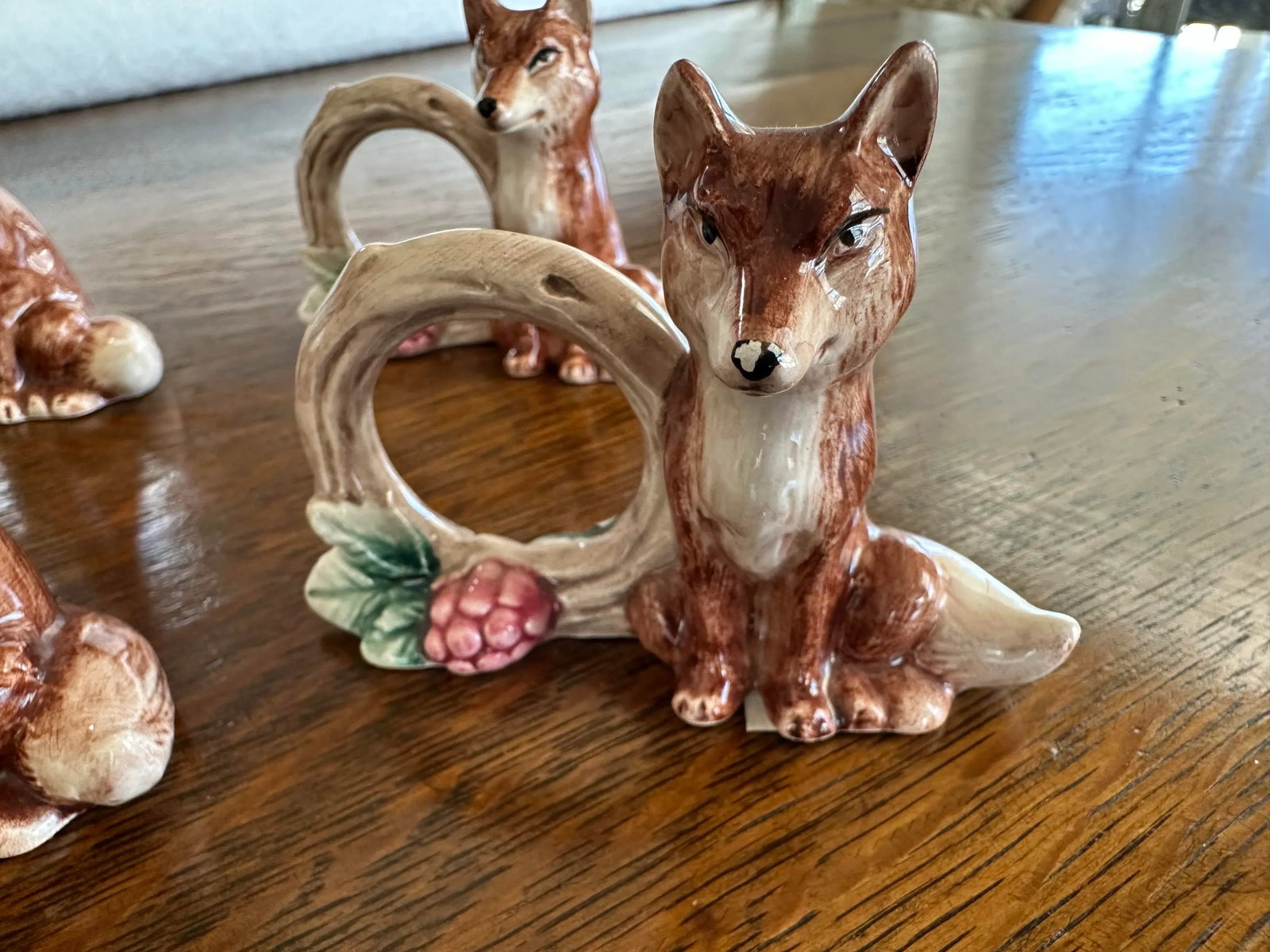 1990's Fitz & Floyd Reynard the Fox With Log Woodland Floral Ceramic Napkin Rings - Set of 4 - 8