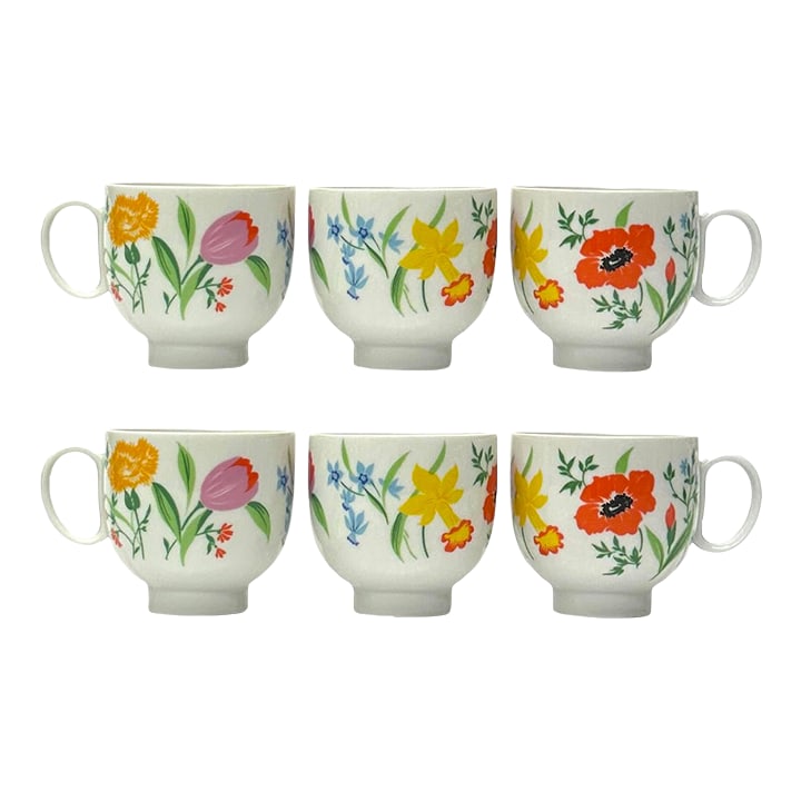 Exuberant Primavera Fine Porcelain Teacups by Heinrich Germany: Floral print cups, group of 6. A beautiful matching set of white porcelain floral coffee cups with red, green, yellow, and blue accents by Heinrich, made in Germany. Height: 3" Width: 3" Condition: Al