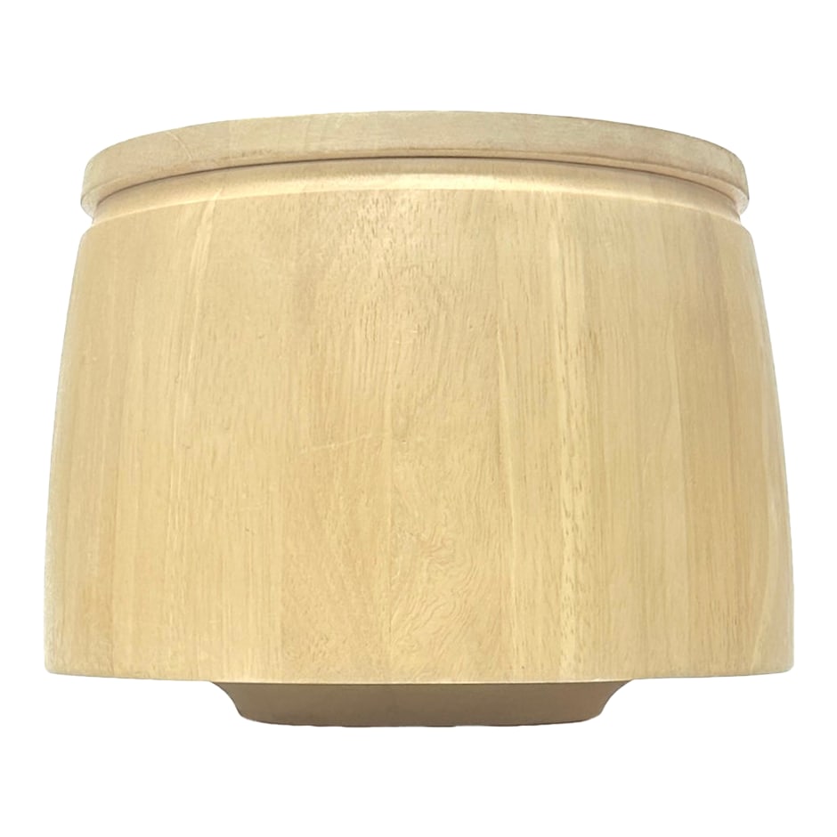 Mid Century Modern Blond Wood Ice Bucket by Dansk: Rounded wooden ice bucket. This is a gorgeous mid-century modern Dansk ice bucket in blond wood with a black interior. It features a sleek, tapered design with a flush-fitting lid and blends function