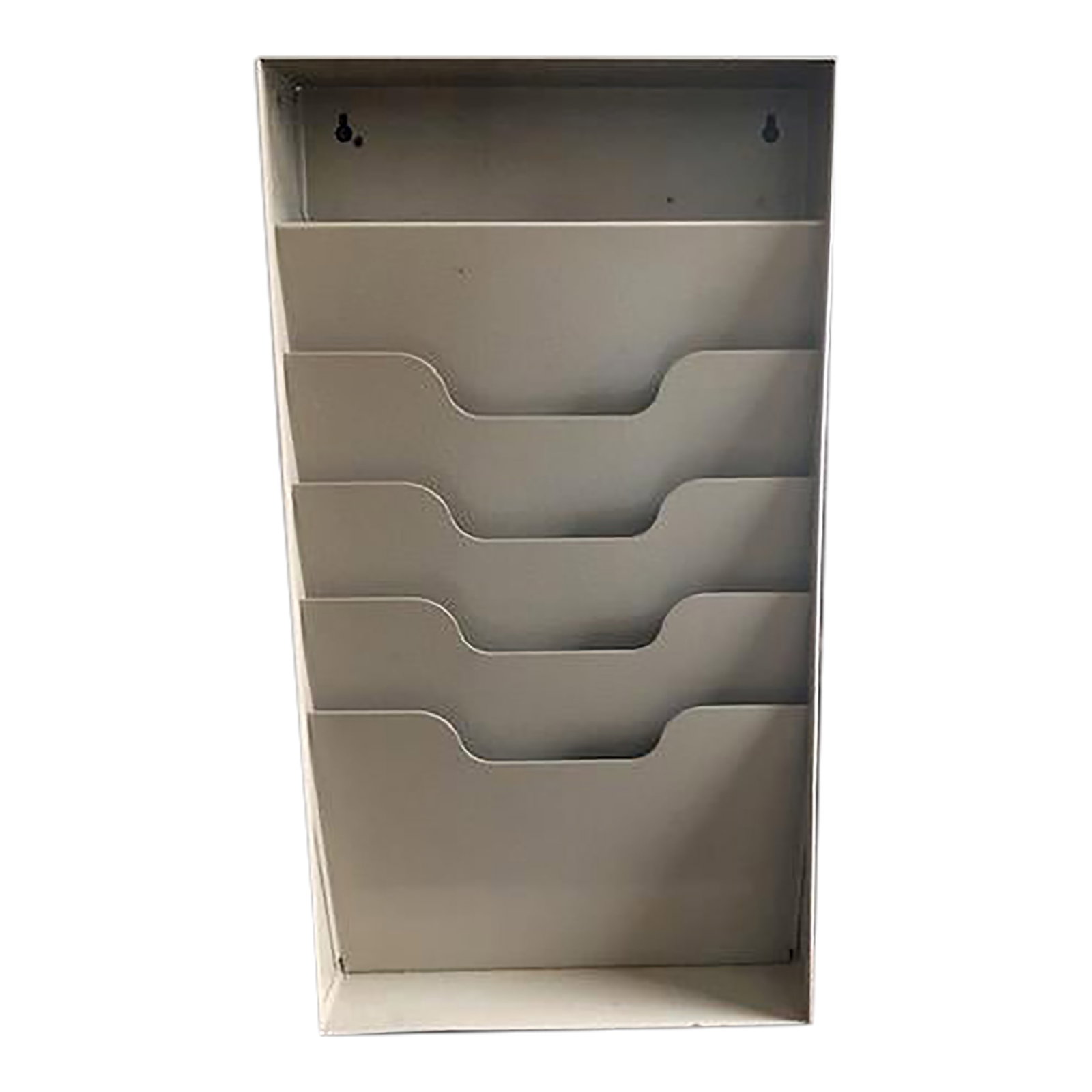 Mid 20th Century Vintage Mid-Century Metal Buddy Magazine or Document Wall Rack: Vintage mid-20th century metal magazine or documents rack. Made of metal - heavy and substantial. Mount on wall - hardware not included. Beige color. Manufacturer is Buddy Products of Chicago, Illinoi