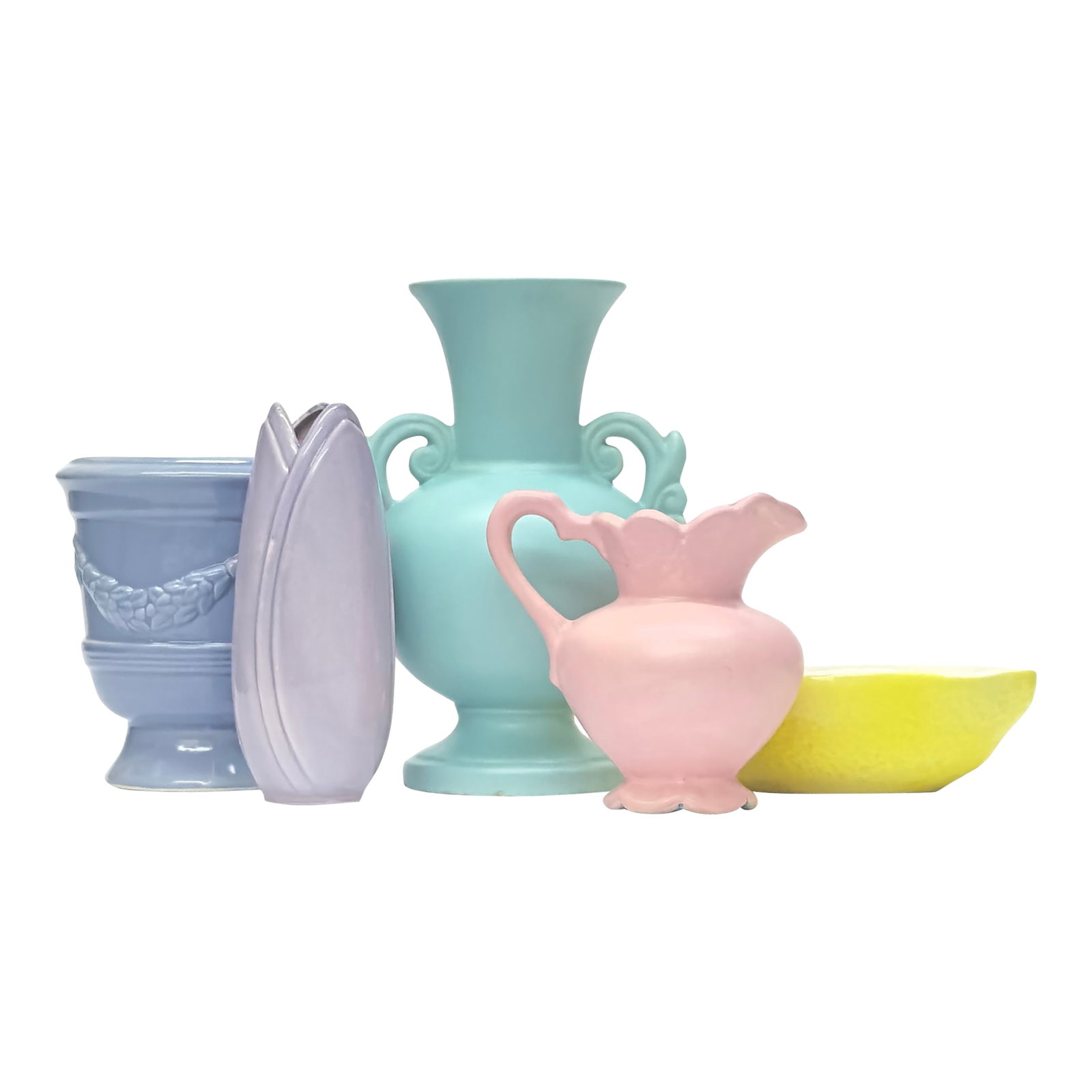 Vintage Mixed Pastel Ceramic Vessel Curation - Group of 5: Pastel mixed group of ceramic pieces, group of 5. This group of beautiful mid-century pastel mixed-color pieces comes in a variety of shapes and colors, a perfect collection for your living space.