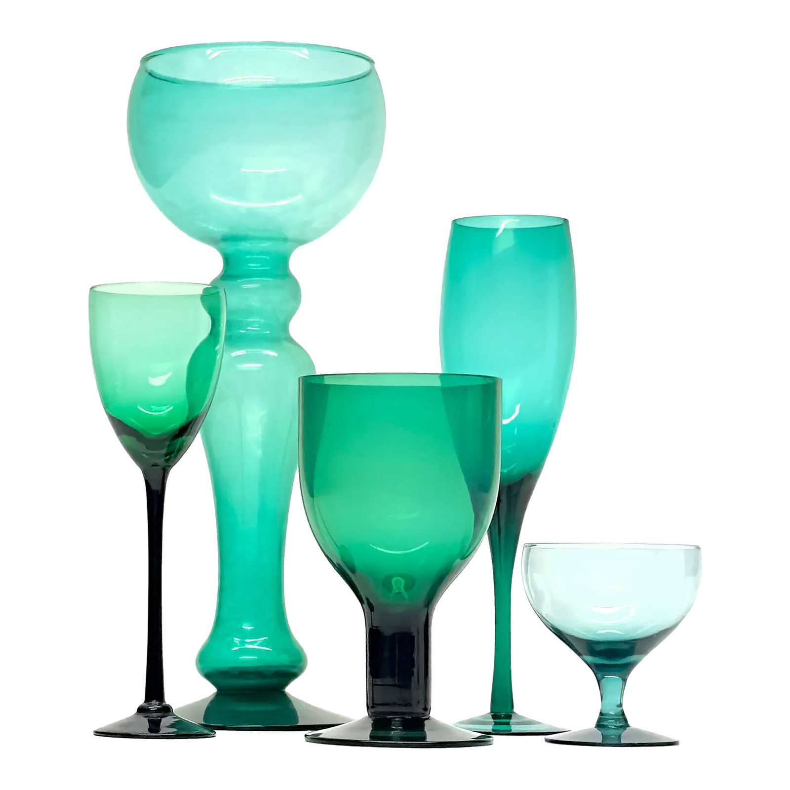 Emerald Green Centerpiece Stemware Curation - Group of 5: Green decorative glasses, group of 5. A stunning set of jade-green assorted decorative stemmed glasses from the mid 20th century. Shortest: 2.75"W x 3.25"H Tallest: 4"W x 11.75"H Condition: Alteration