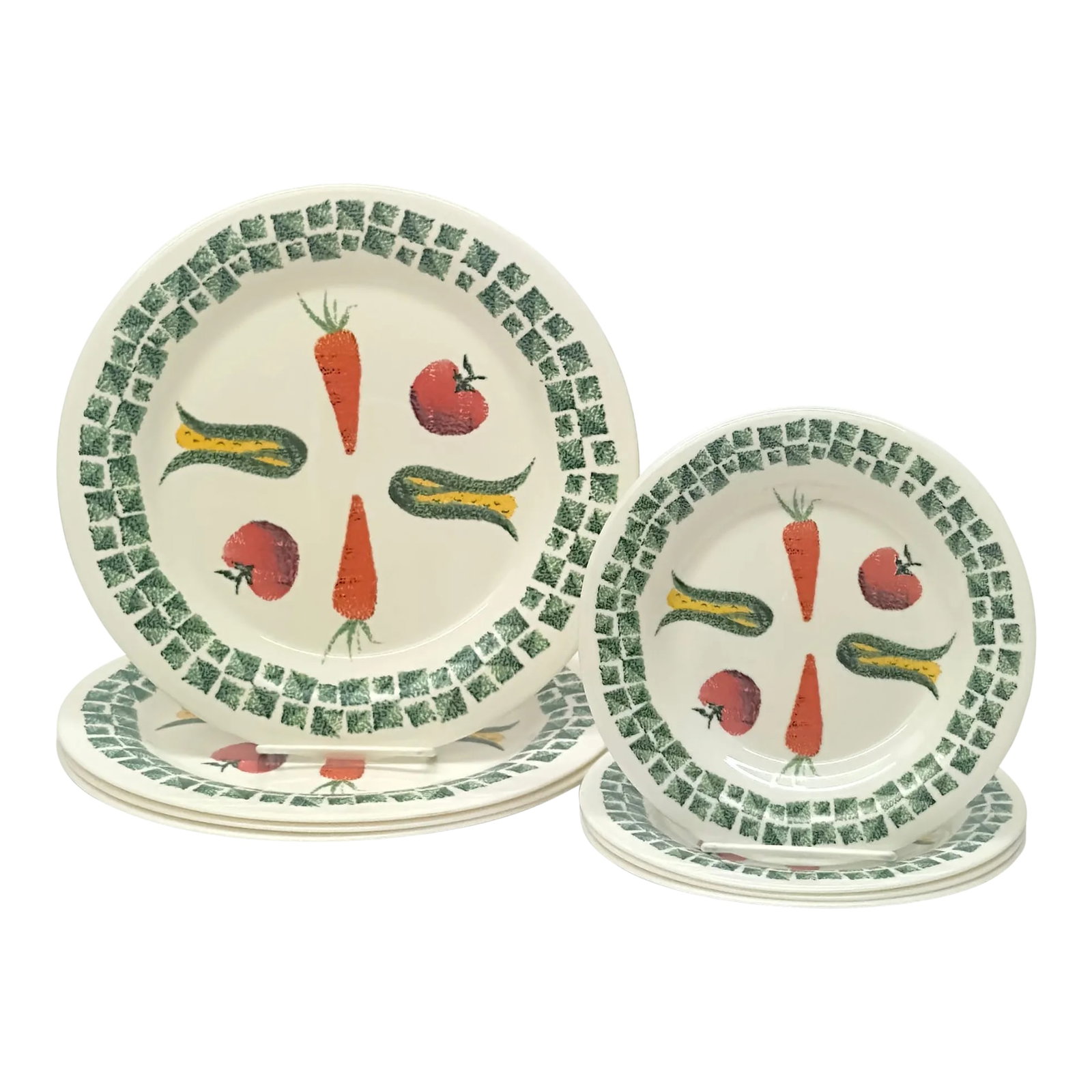 White Glass Dinner & Side Plates With Vintage Vegetable Motif by Arcopal France - Set of 8: Cream vegetable motif plate set, group of 8. This is an eccentric set of glass vegetable motif dinner(4) and side plates(4) made by Arcopal. Made in France. Measurements: Side plate: 7.75"W x .75"H
