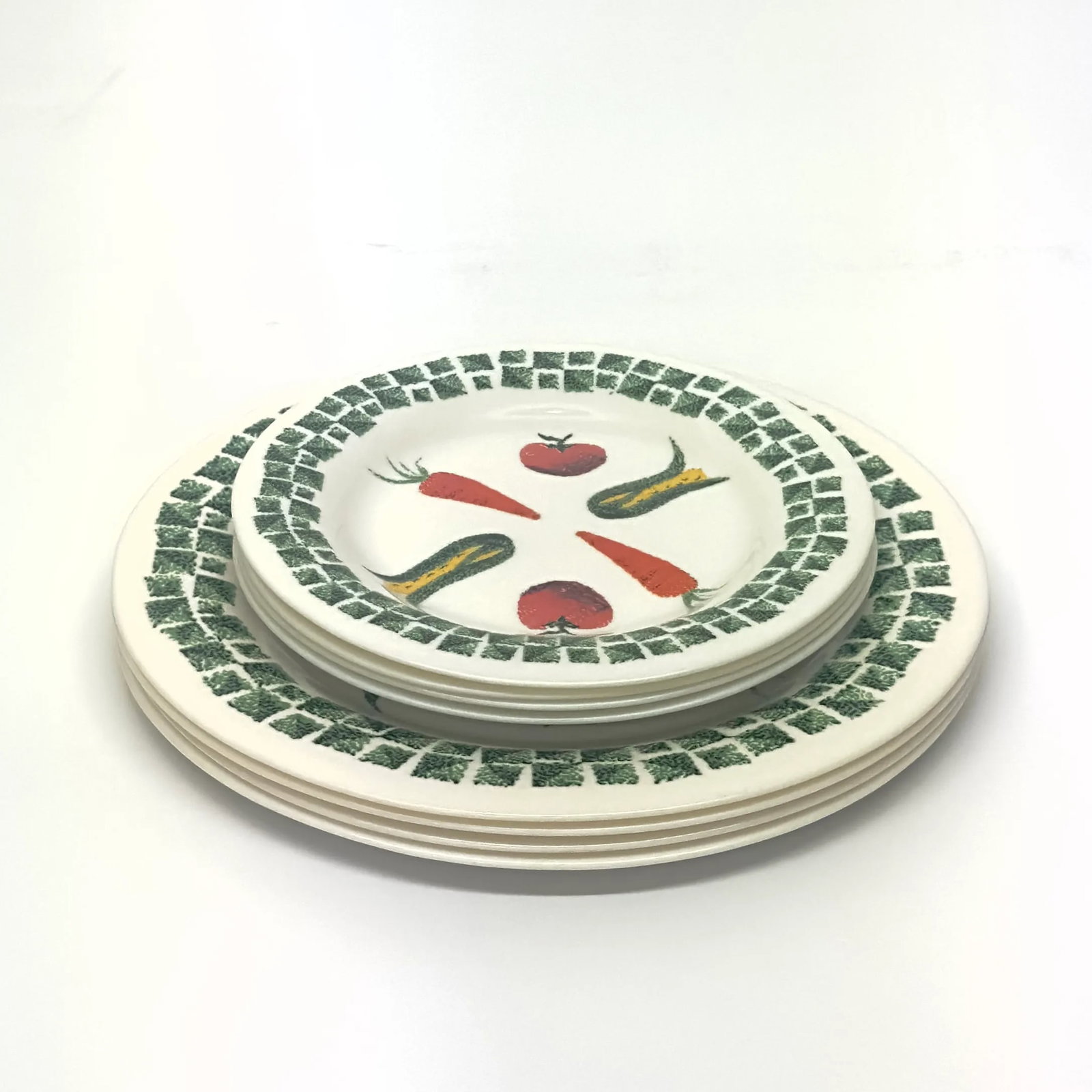 White Glass Dinner & Side Plates With Vintage Vegetable Motif by Arcopal France - Set of 8 - 3