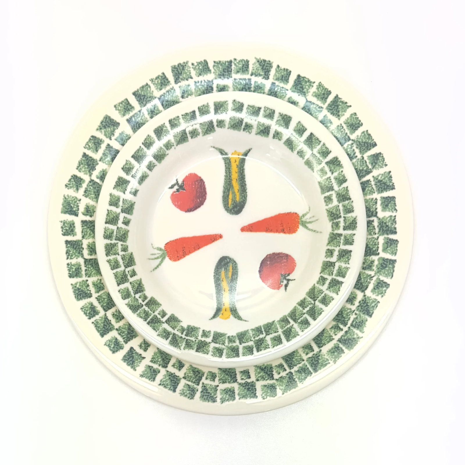 White Glass Dinner & Side Plates With Vintage Vegetable Motif by Arcopal France - Set of 8 - 5