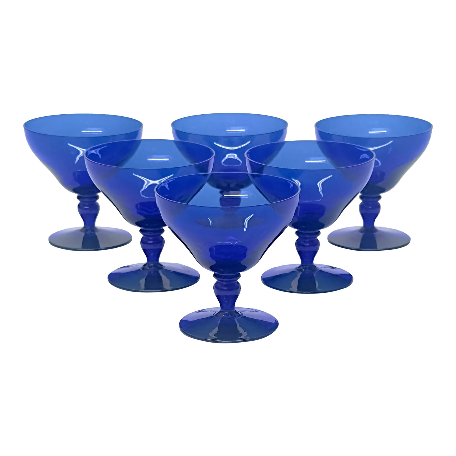 Vintage Stemmed Cobalt Cocktail Glasses - Set of 6: Cobalt blue cocktail glasses, set of 6. This delicate set of cobalt blue stemmed glasses is a sophisticated feature to any bar. Height: 3.75" Width: 3.75" Condition: Alterations: Original Condition Un