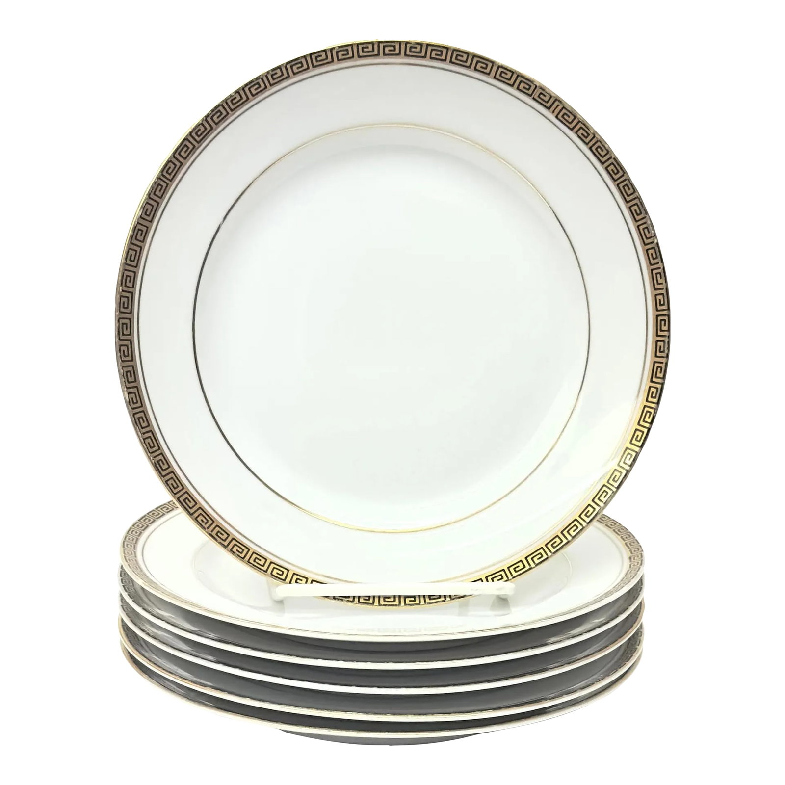 Gold Edged Porcelain Side Plates With Classic Greek Key Motif - Set of 6: Gold and white plates, group of 6. This set of six porcelain side plates was crafted by Empress China in Japan during the mid-20th century. Each plate showcases a cream-white backdrop adorned with a