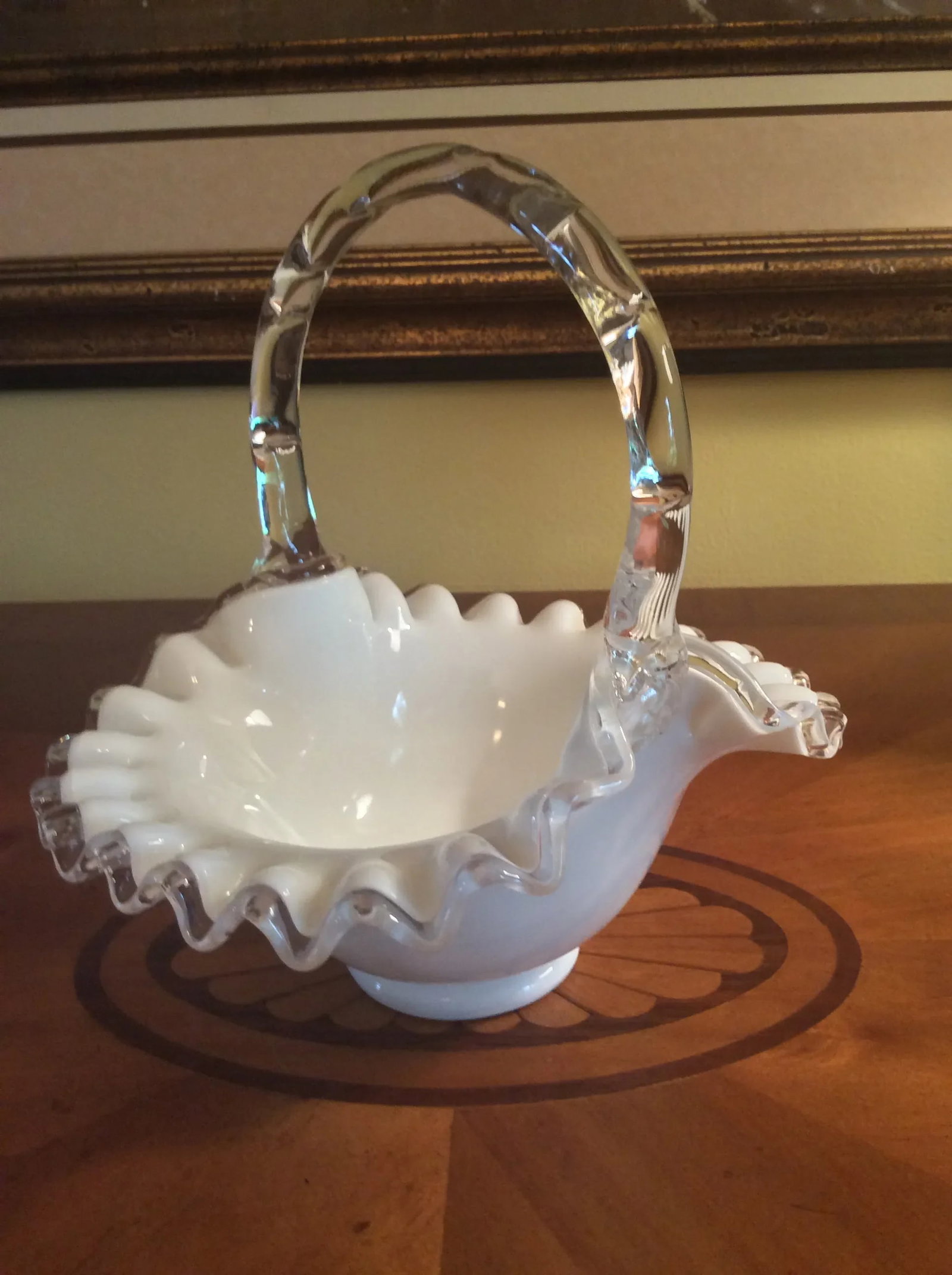 Vintage Fenton Silver Crest Basket With Faux Bamboo Glass Handle - 13