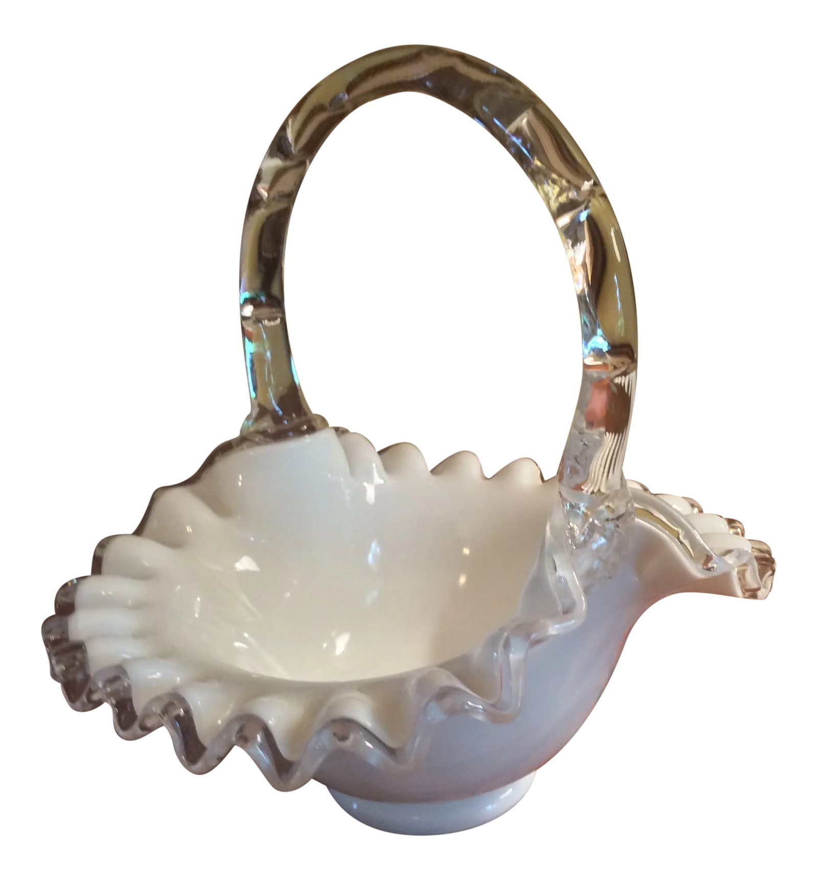 Vintage Fenton Silver Crest Basket With Faux Bamboo Glass Handle: Cute. Concise. Crisp. Fancy. This fantastic Fenton piece is dainty but powerful. With the crispness of it's white body and the ethereal quality of it's silver crest scalloped lace edge and faux