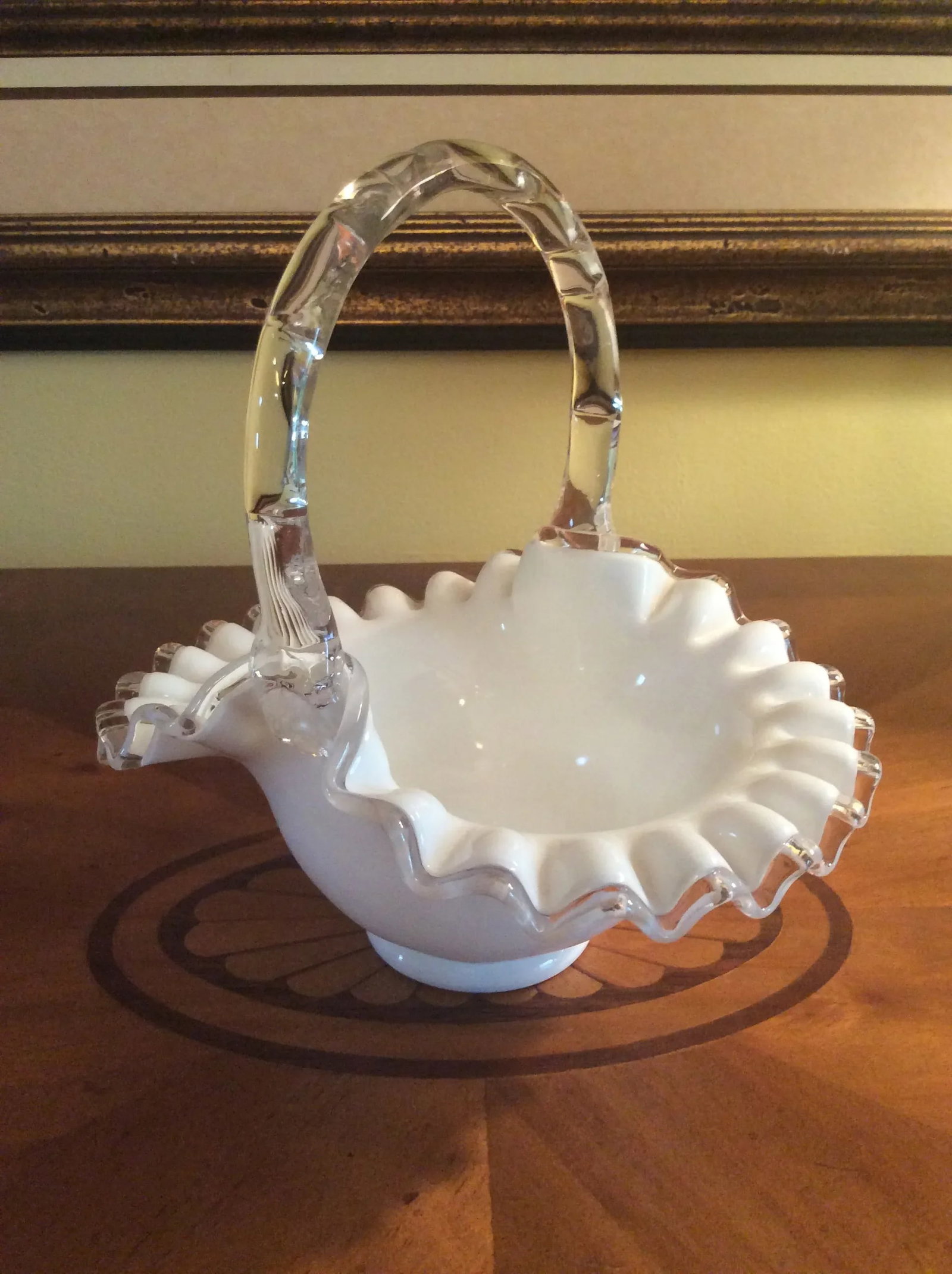 Vintage Fenton Silver Crest Basket With Faux Bamboo Glass Handle - 3