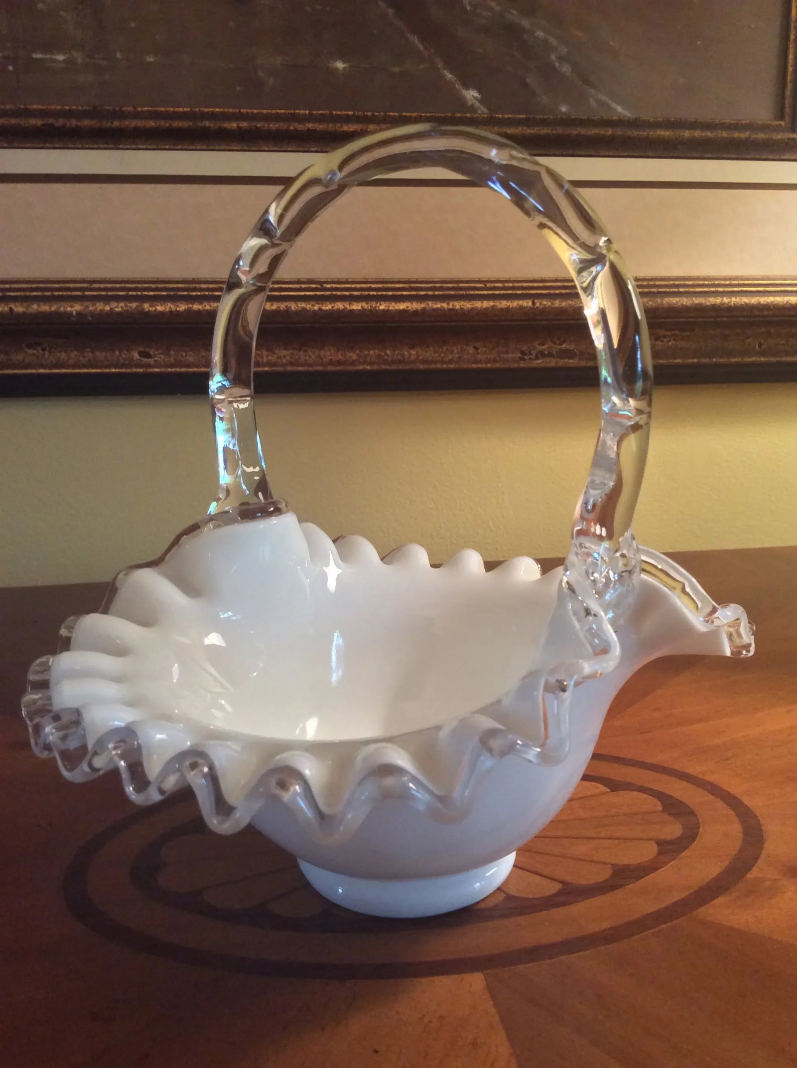 Vintage Fenton Silver Crest Basket With Faux Bamboo Glass Handle - 6