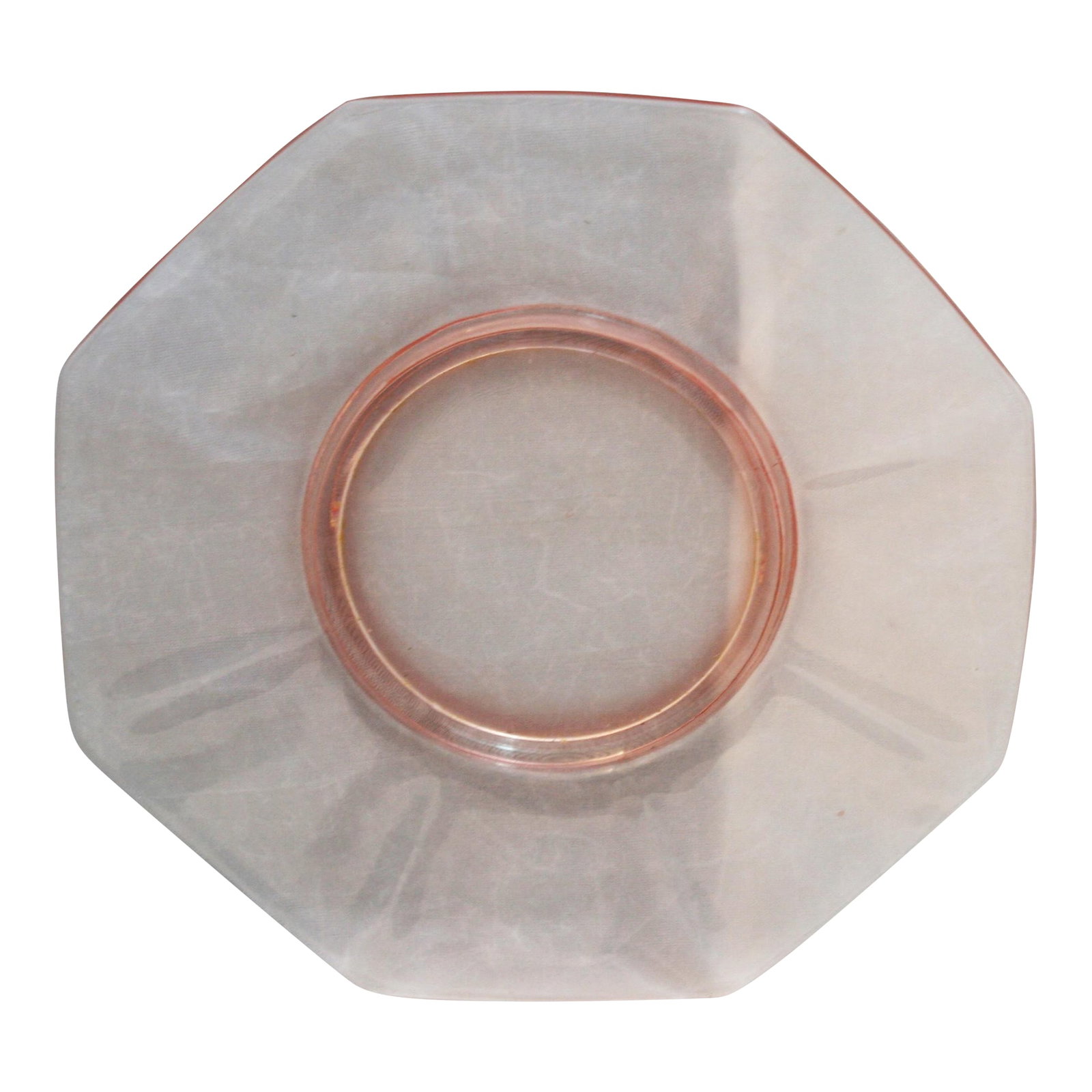 Early 20th Century Heisey Octagon Pink Clear Footed 8 Sided Depression Glass Plate: Vintage Heisey Pink Clear Depression Glass Octagonal Footed Plate Set of 8 The Heisey Pink Octagon pattern was produced in Ohio from 1925 to 1937. This simple depression glass plate has a translucent