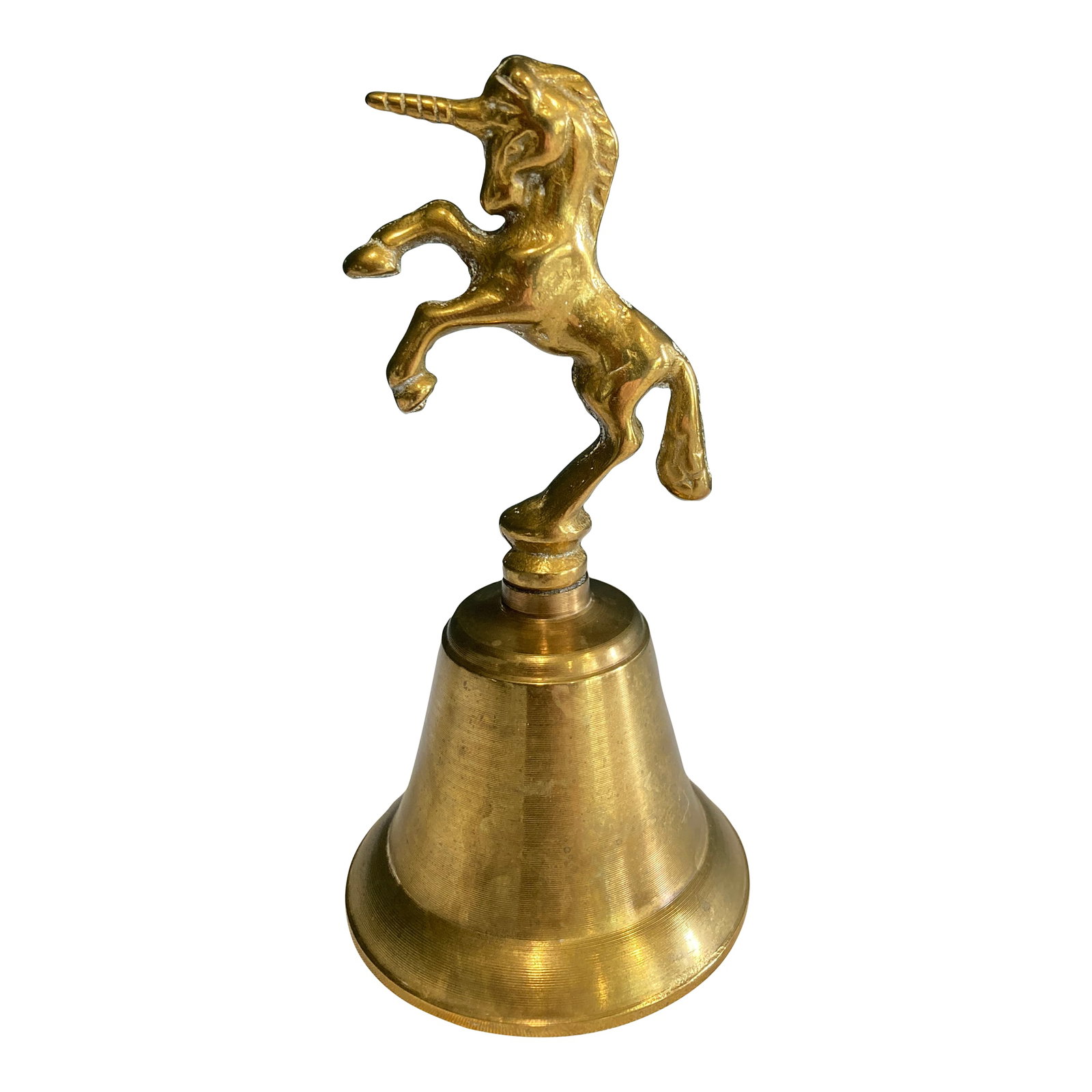 Vintage Brass Unicorn Bell: Add a magical touch to your decor with this vintage solid brass bell, topped with a rearing unicorn figure. With its detailed form and charming presence, this whimsical piece is perfect for