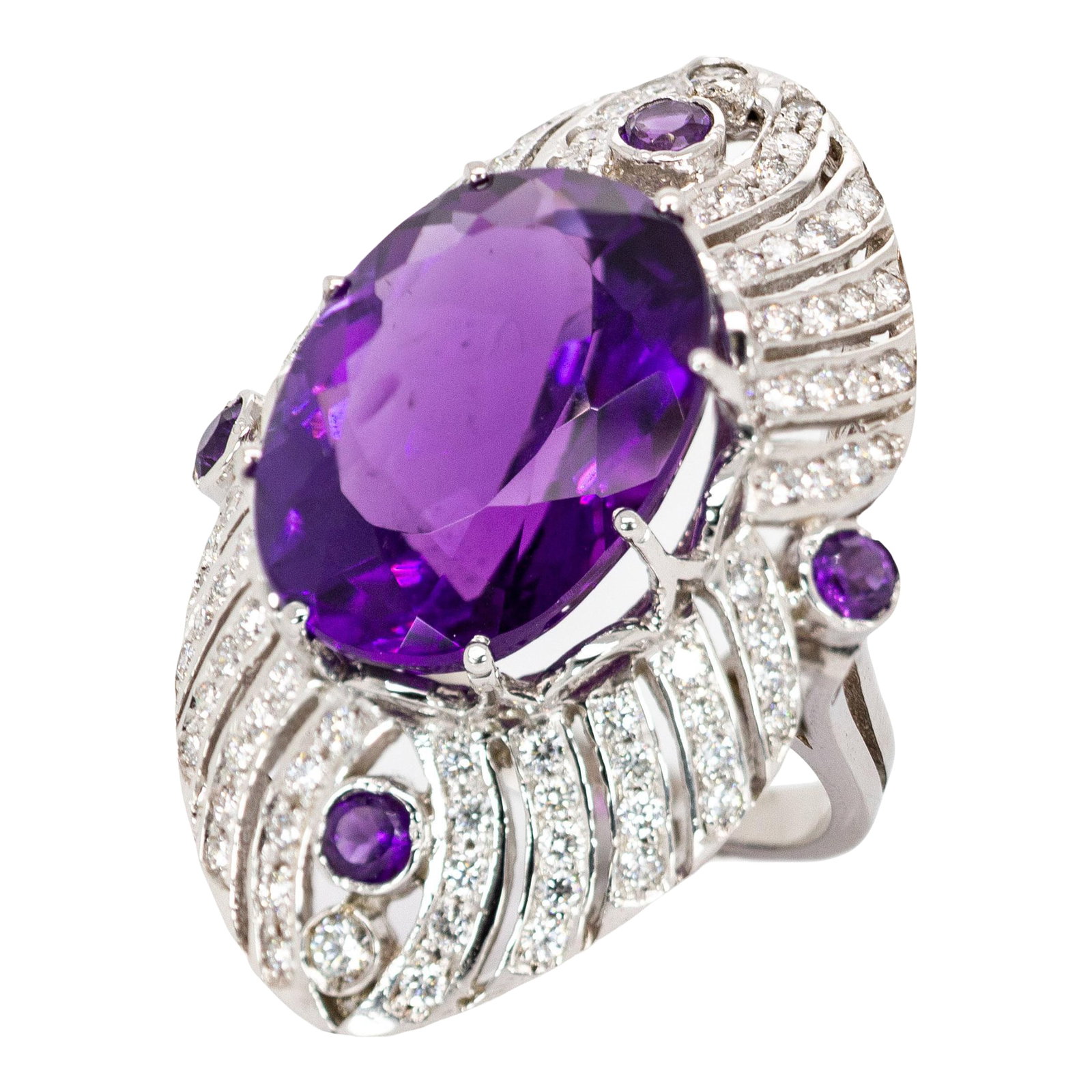 22cts Zambian Amethyst Ring With Earth Mined Diamond Accents in 14k Solid Gold, Size 6.75: This striking ring features a large 20x15mm oval amethyst, set in solid 14K white gold and accented with natural, earth-mined diamonds. With its bold presence and classic elegance, it's designed to
