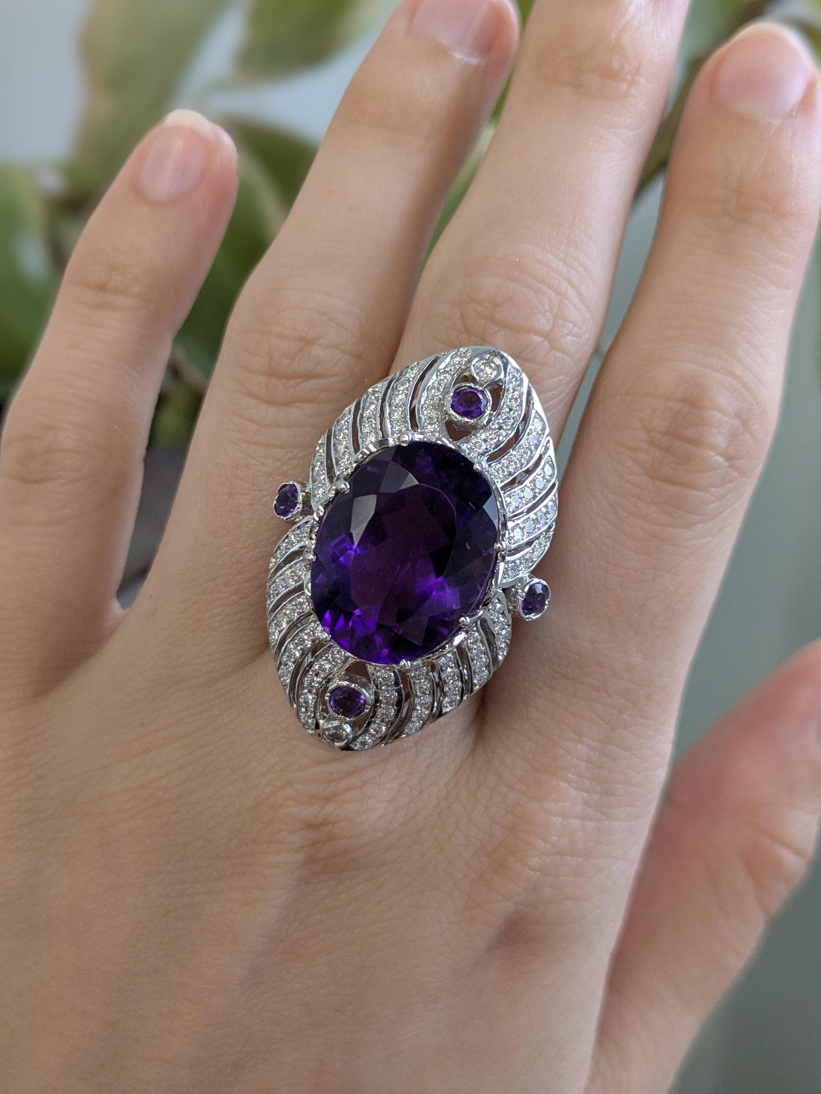 22cts Zambian Amethyst Ring With Earth Mined Diamond Accents in 14k Solid Gold, Size 6.75 - 2