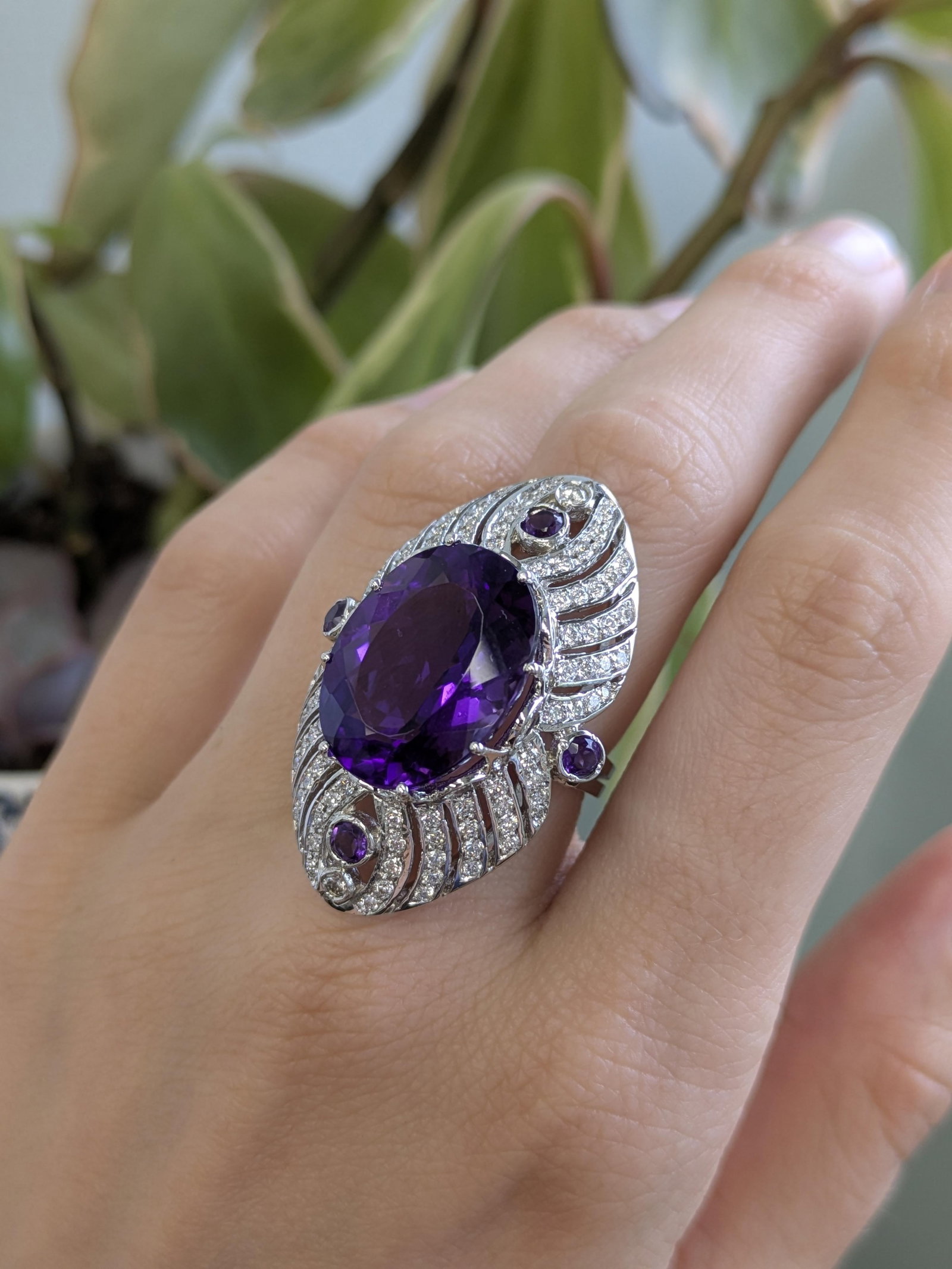 22cts Zambian Amethyst Ring With Earth Mined Diamond Accents in 14k Solid Gold, Size 6.75 - 3