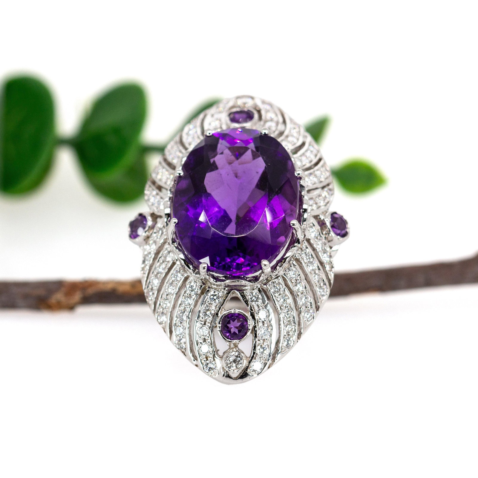 22cts Zambian Amethyst Ring With Earth Mined Diamond Accents in 14k Solid Gold, Size 6.75 - 4