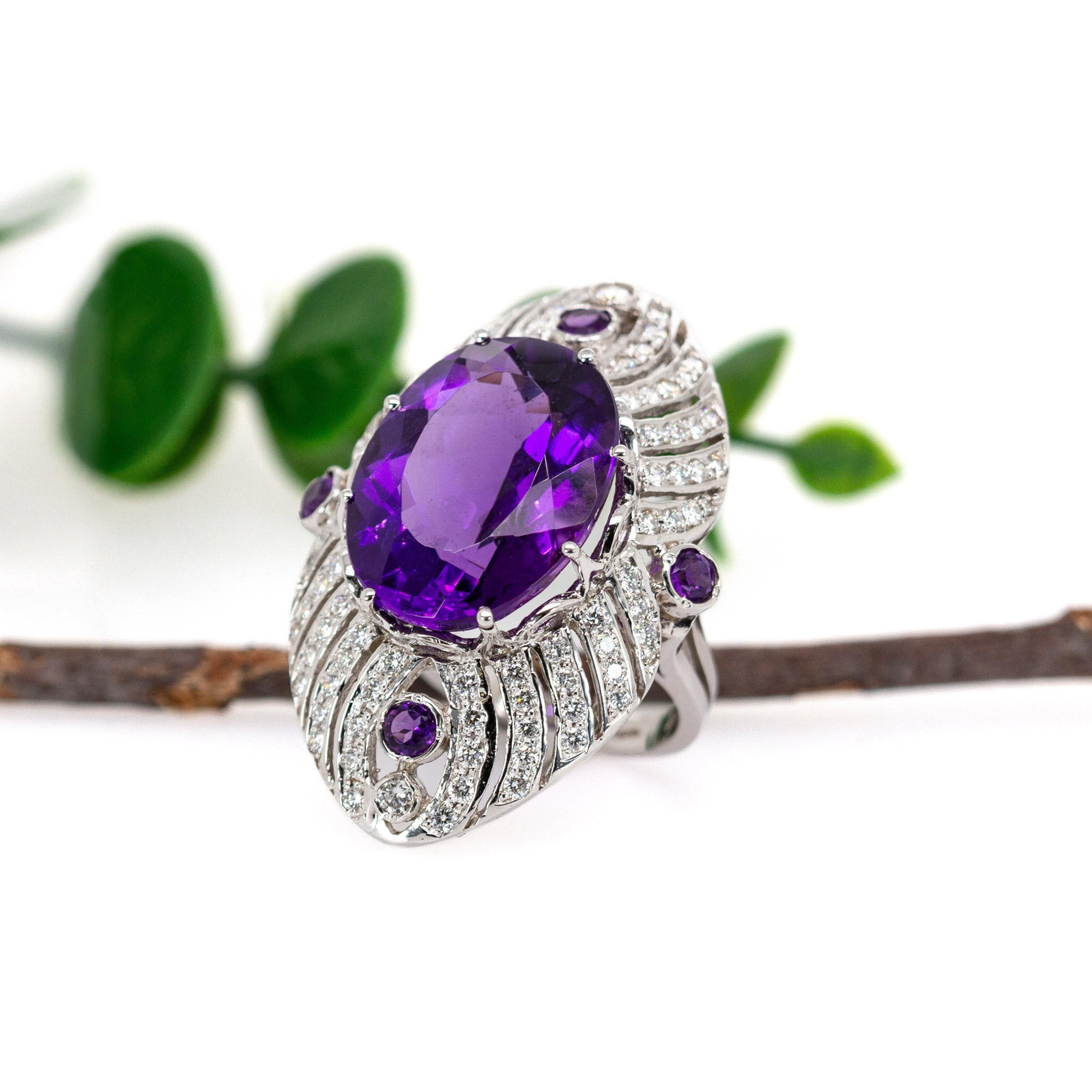 22cts Zambian Amethyst Ring With Earth Mined Diamond Accents in 14k Solid Gold, Size 6.75 - 6