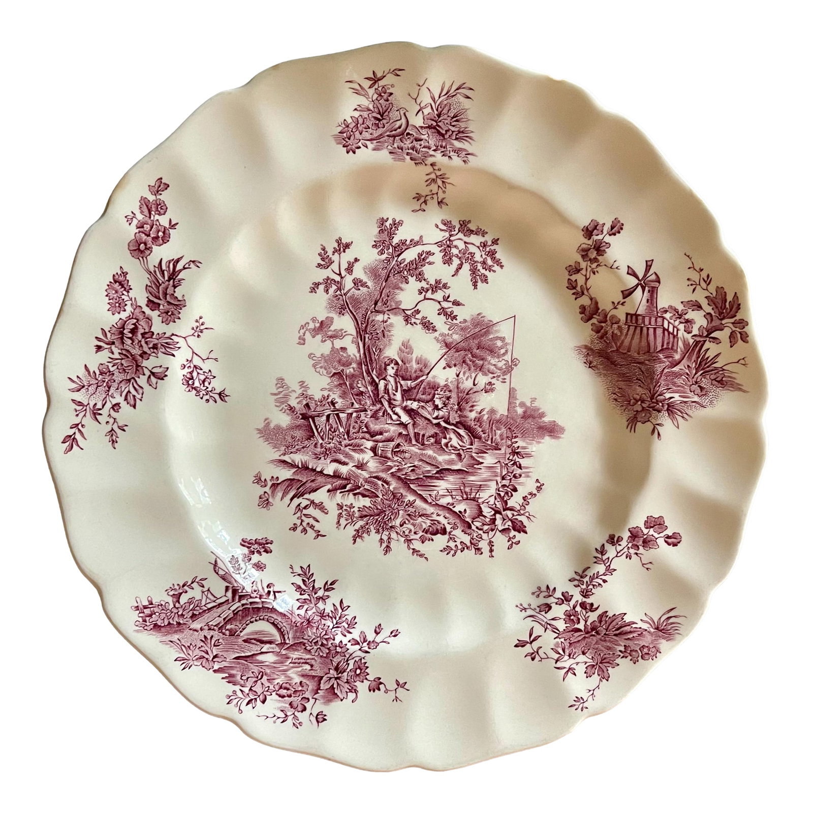 "Pastorale Toile De Jouy " Mauve Transferware Johnson Brothers Plate: A piece of fluted edge purple transfer-ware featuring a riverside scene and circled with birds, flowers, bridges and windmills. Ships within 1-2 days using USPS. Arrives within 2-5 business days
