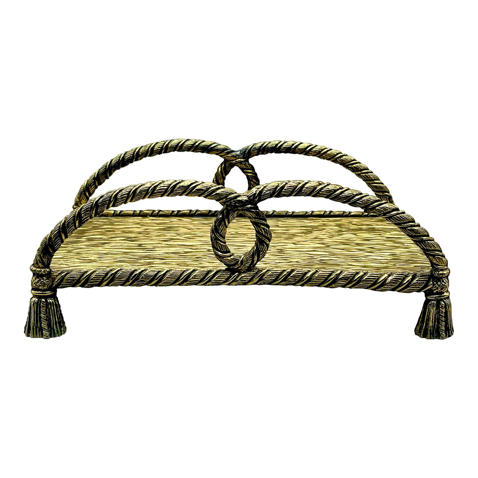 Vintage Golden Tassel Decorative Tray: A vintage textured brass tray edged with looped brass ropes ending in tassel feet which could be used for holding towels, napkins or tissues. Ships within 1-2 days using USPS. All items packed with