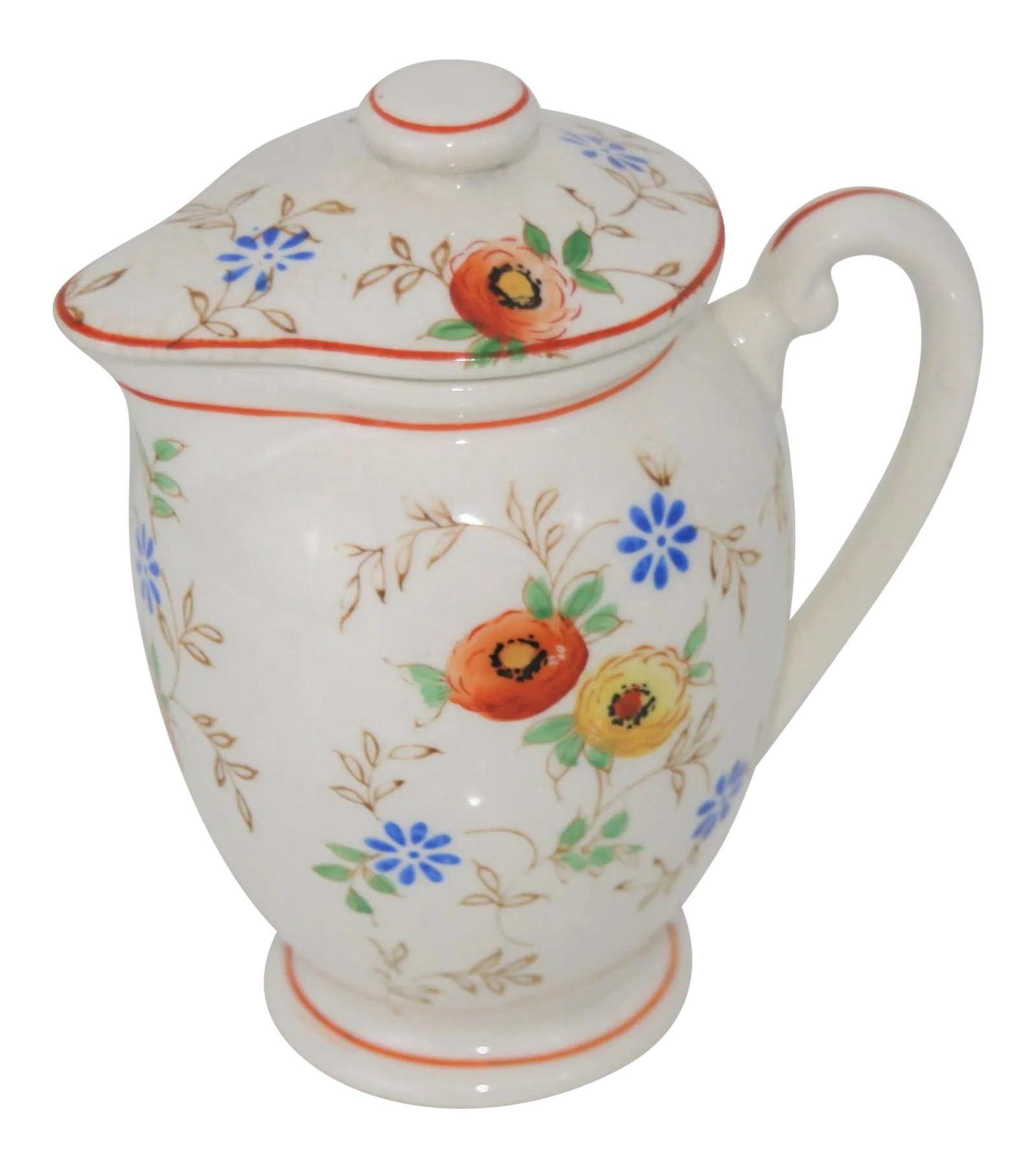 Antique Hand Painted Ceramic Floral Design Lidded Pitcher: Vintage Ceramic Floral Design Lidded Syrup Pitcher Orange, Yellow, & Blue Floral Pattern This is a lovely dainty pitcher with hand painted flowers in bright colors. It was produced in Japan during