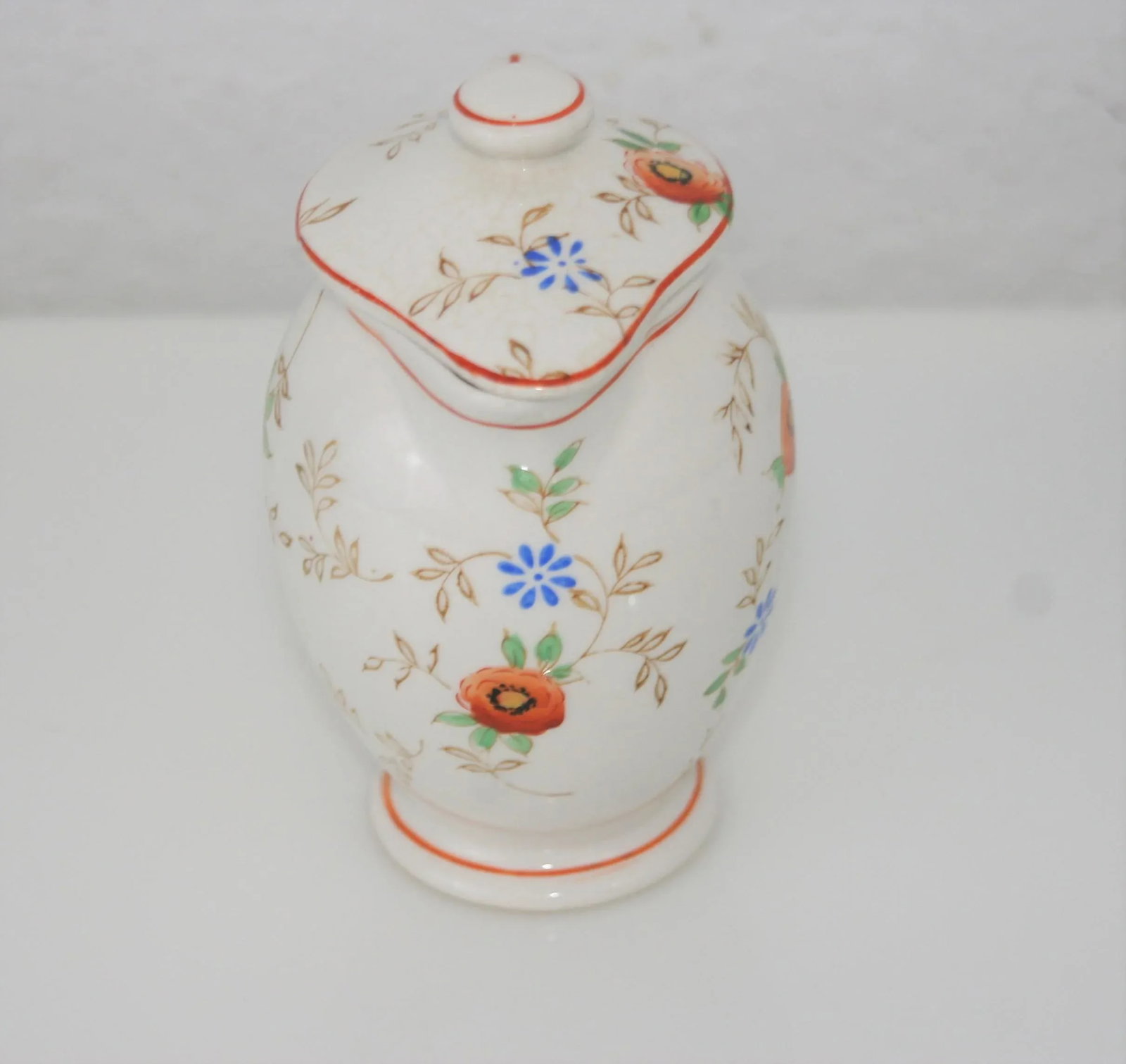 Antique Hand Painted Ceramic Floral Design Lidded Pitcher - 2