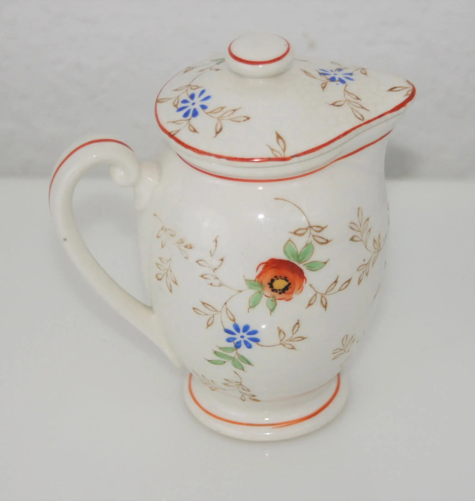 Antique Hand Painted Ceramic Floral Design Lidded Pitcher - 3