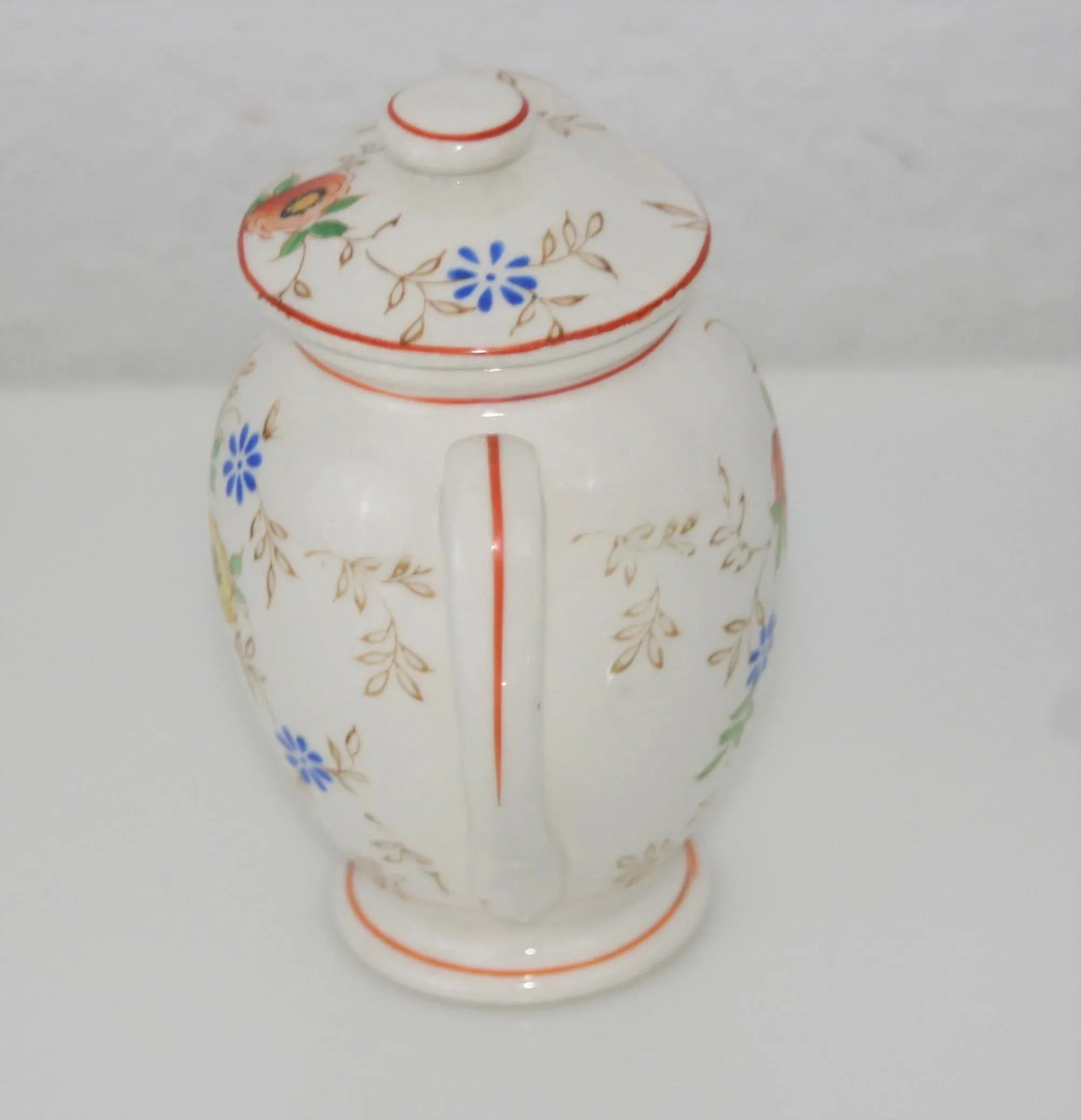 Antique Hand Painted Ceramic Floral Design Lidded Pitcher - 4