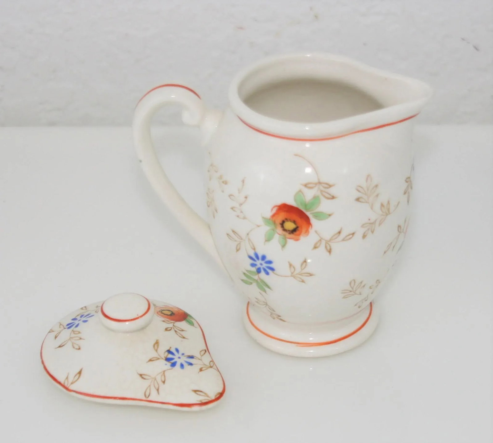 Antique Hand Painted Ceramic Floral Design Lidded Pitcher - 5