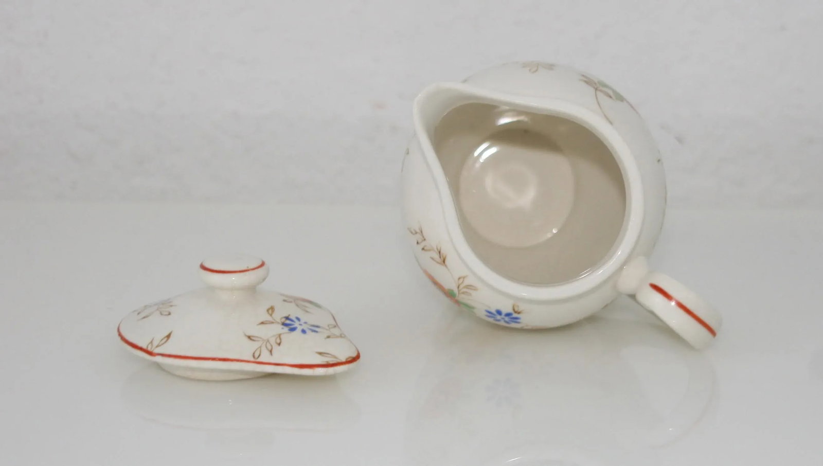 Antique Hand Painted Ceramic Floral Design Lidded Pitcher - 7