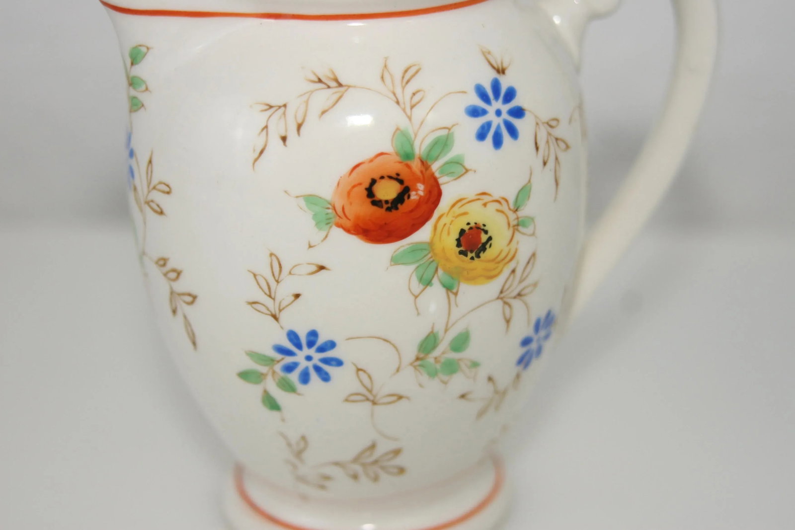 Antique Hand Painted Ceramic Floral Design Lidded Pitcher - 8